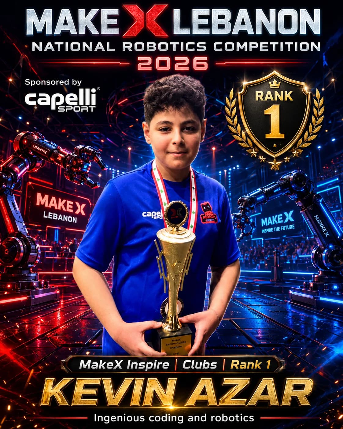 Rank 1 — Kevin Azar, Ingenious coding and robotics · MakeX Inspire — Code Courier, Clubs, MakeX Lebanon 2026