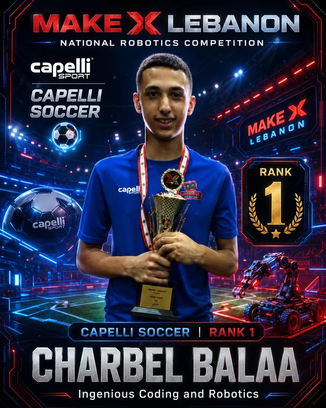 Rank 1 — Charbel Balaa, Ingenious Coding and Robotics · Capelli Sport — Football, Overall standings, MakeX Lebanon 2026