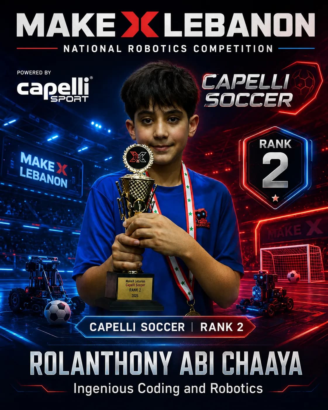 Rank 2 — Rolanthony Abi Chaaya, Ingenious Coding and Robotics · Capelli Sport — Football, Overall standings, MakeX Lebanon 2026