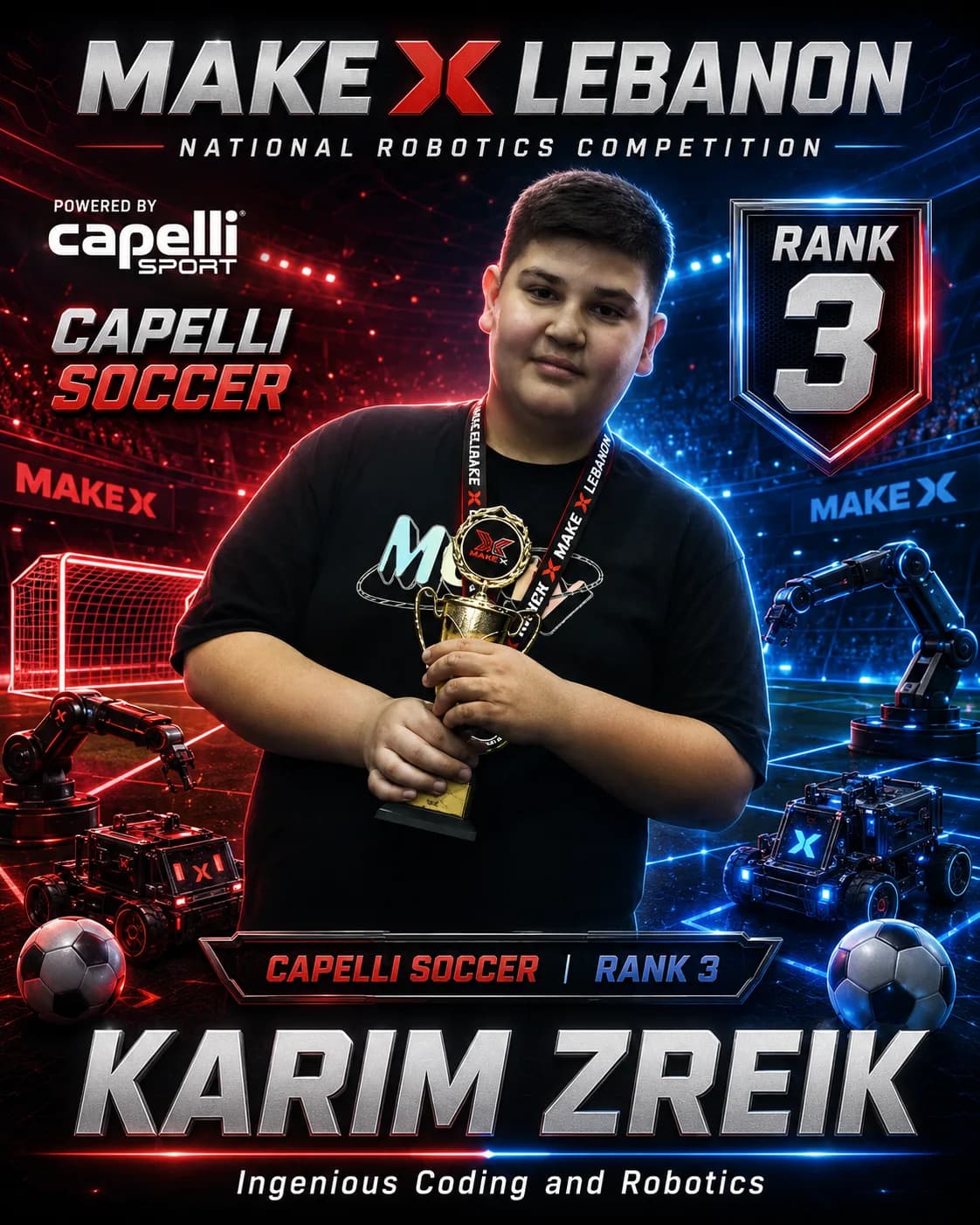 Rank 3 — Karim Zreik, Ingenious Coding and Robotics · Capelli Sport — Football, Overall standings, MakeX Lebanon 2026