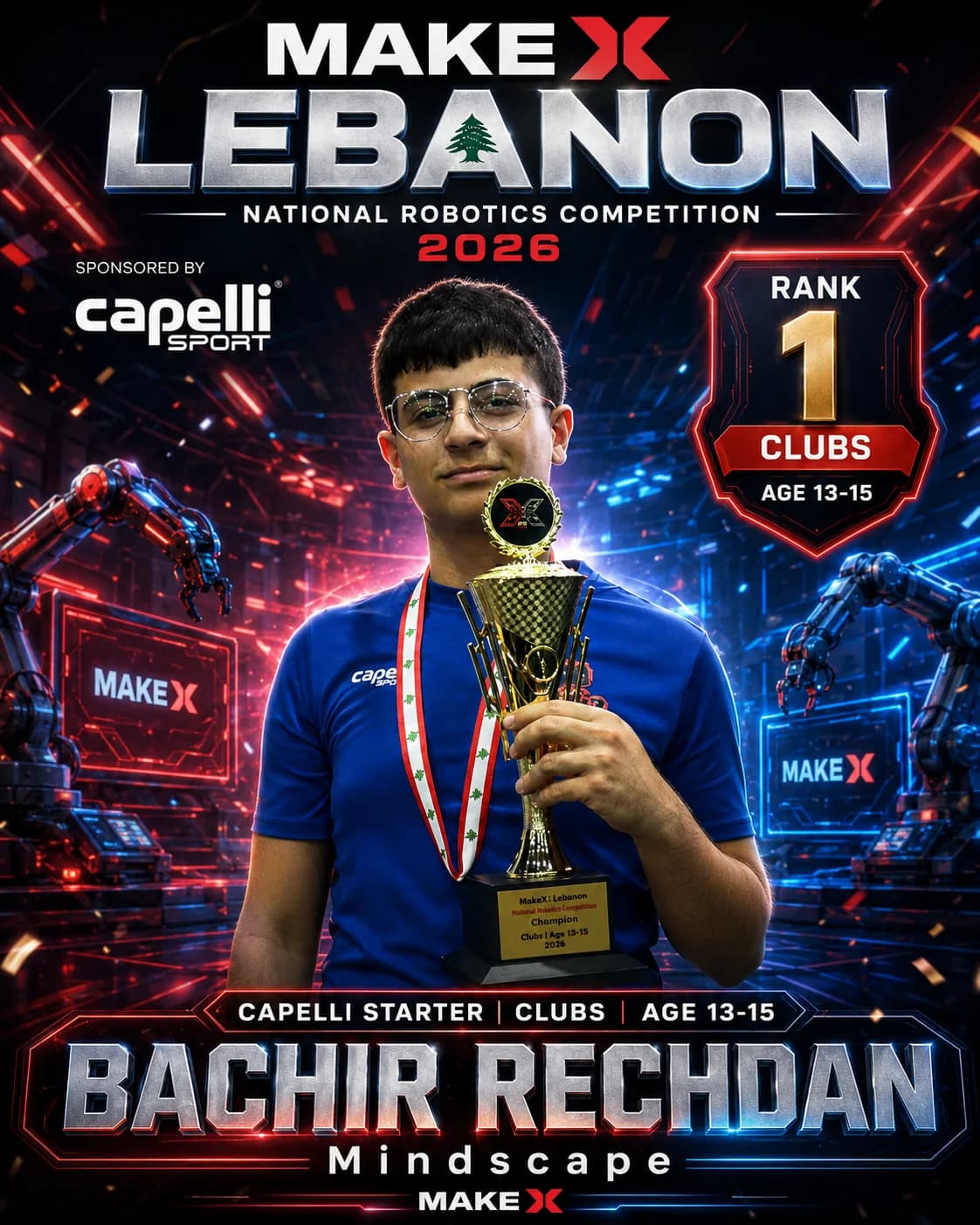 Rank 1 — Bachir Rechdan, Mindscape · Capelli Starter — Locker Room, Clubs · ages 13–15, MakeX Lebanon 2026