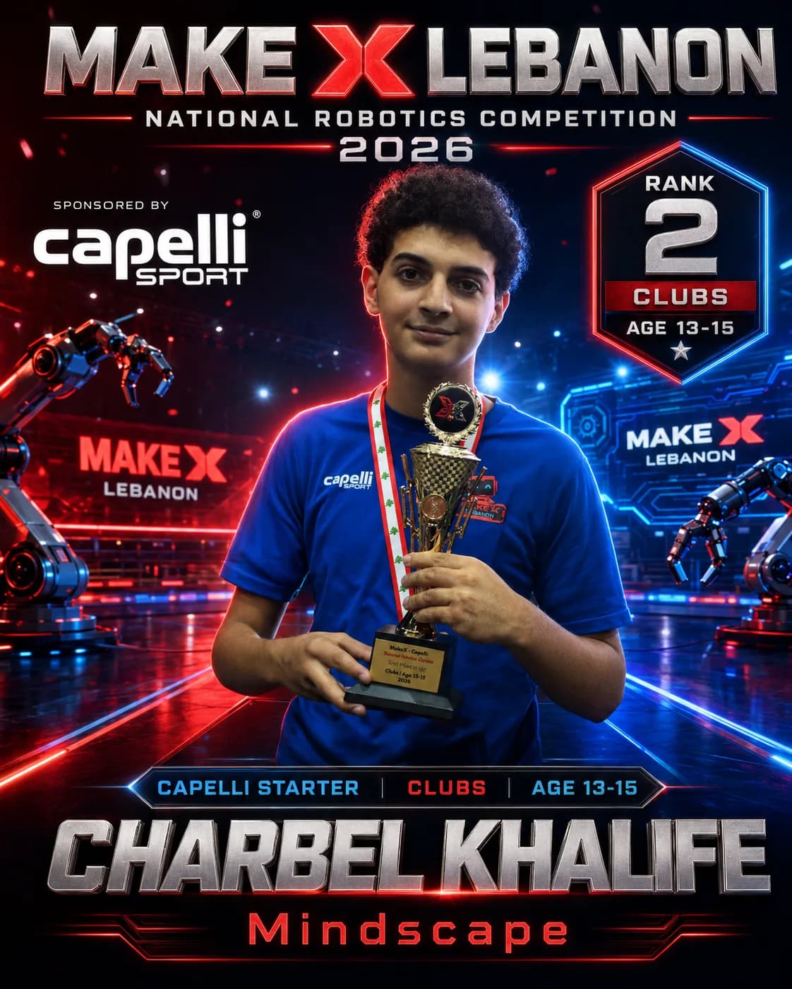 Rank 2 — Charbel Khalife, Mindscape · Capelli Starter — Locker Room, Clubs · ages 13–15, MakeX Lebanon 2026