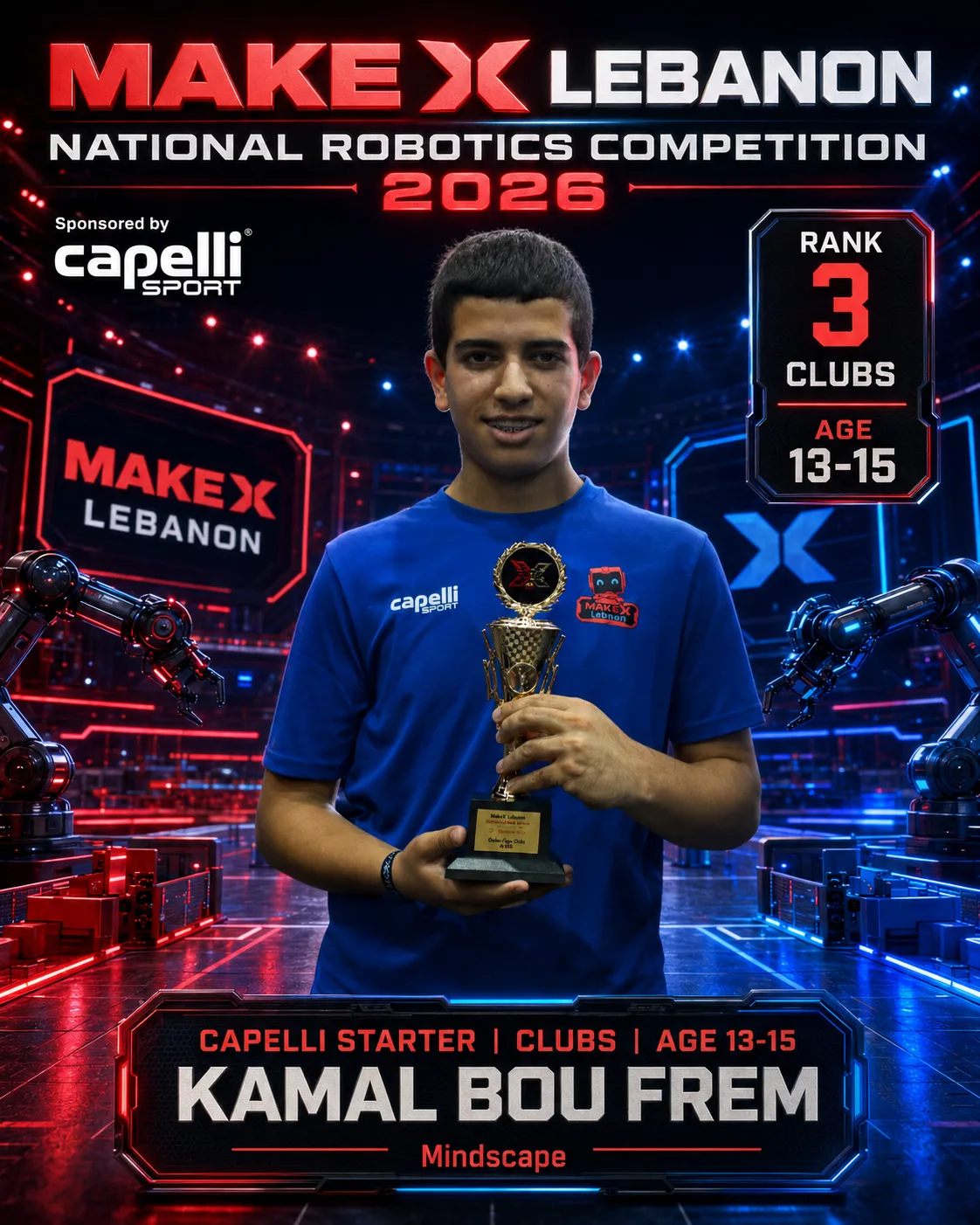 Rank 3 — Kamal Bou Frem, Mindscape · Capelli Starter — Locker Room, Clubs · ages 13–15, MakeX Lebanon 2026