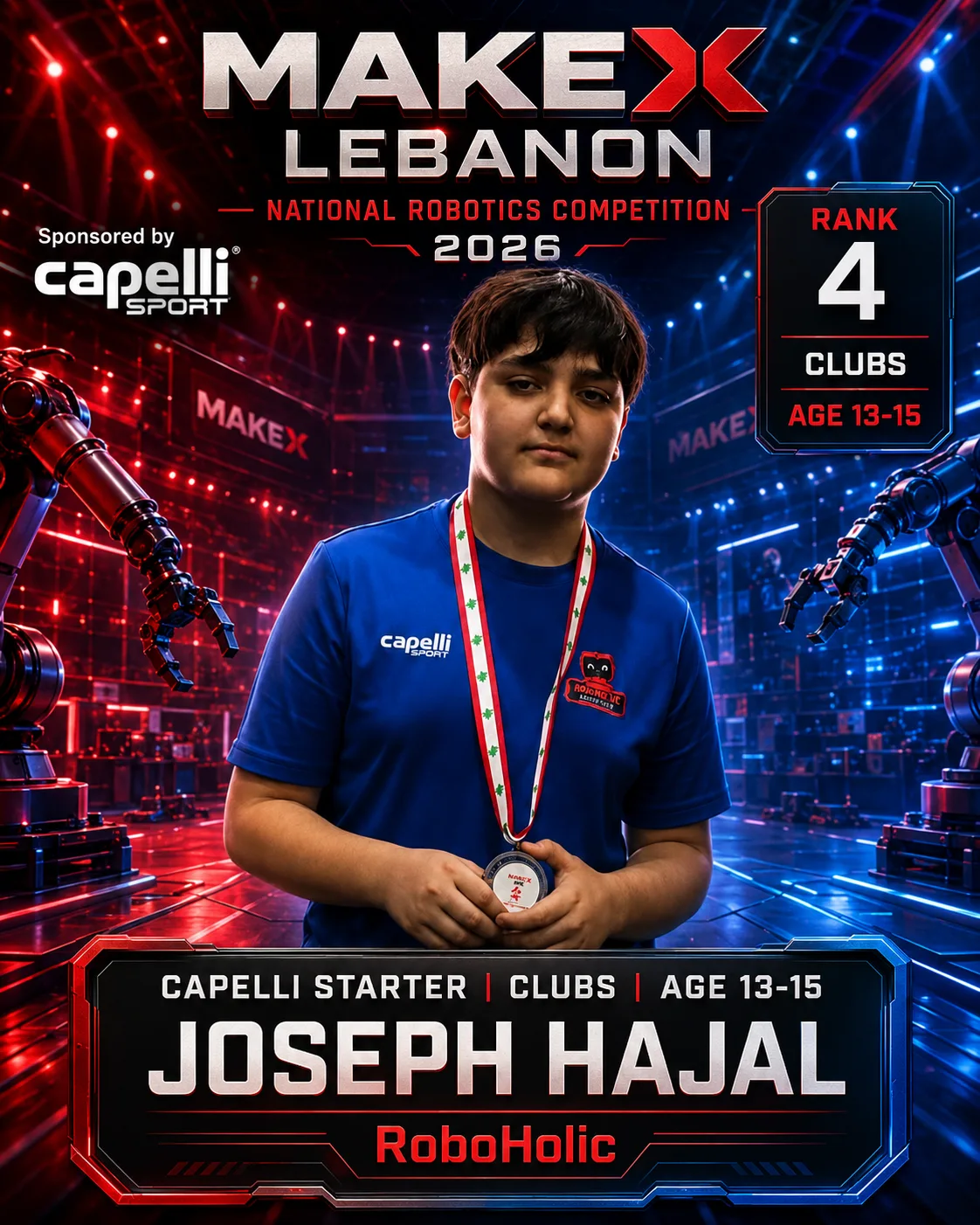 Rank 4 — Joseph Hajal, RoboHolic · Capelli Starter — Locker Room, Clubs · ages 13–15, MakeX Lebanon 2026