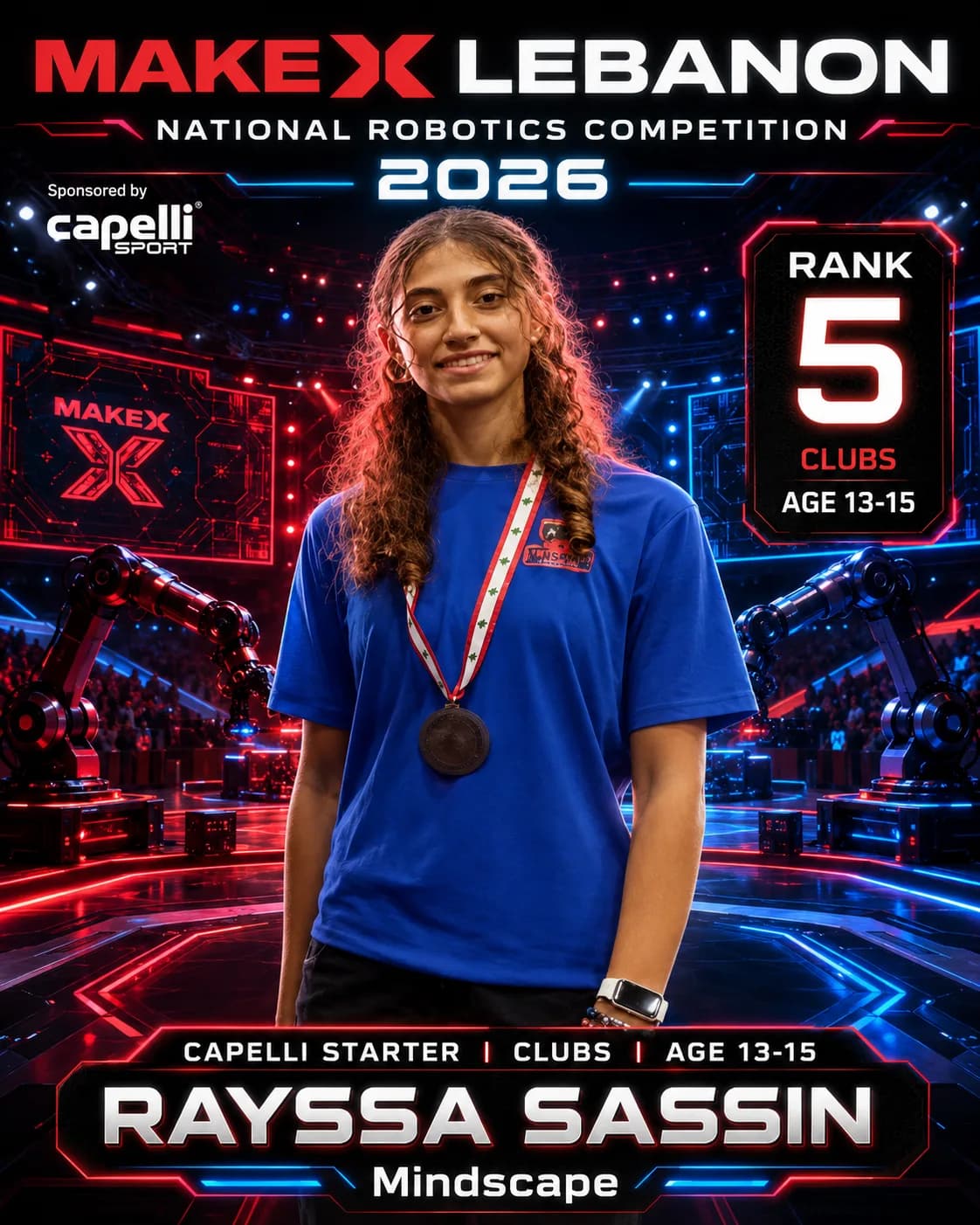 Rank 5 — Rayssa Sassin, Mindscape · Capelli Starter — Locker Room, Clubs · ages 13–15, MakeX Lebanon 2026