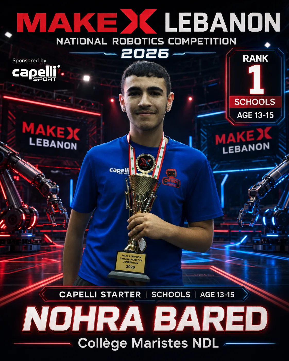 Rank 1 — Nohra Bared, Collège Maristes NDL · Capelli Starter — Locker Room, Schools · ages 13–15, MakeX Lebanon 2026