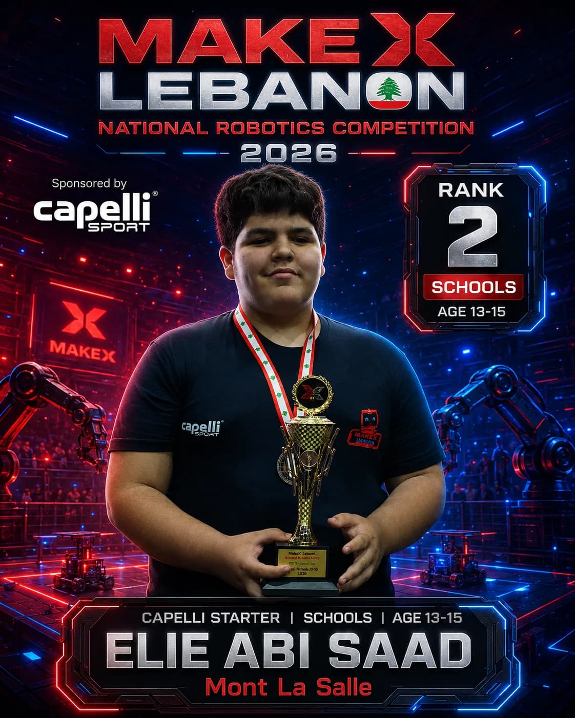 Rank 2 — Elie Abi Saad, Mont La Salle · Capelli Starter — Locker Room, Schools · ages 13–15, MakeX Lebanon 2026