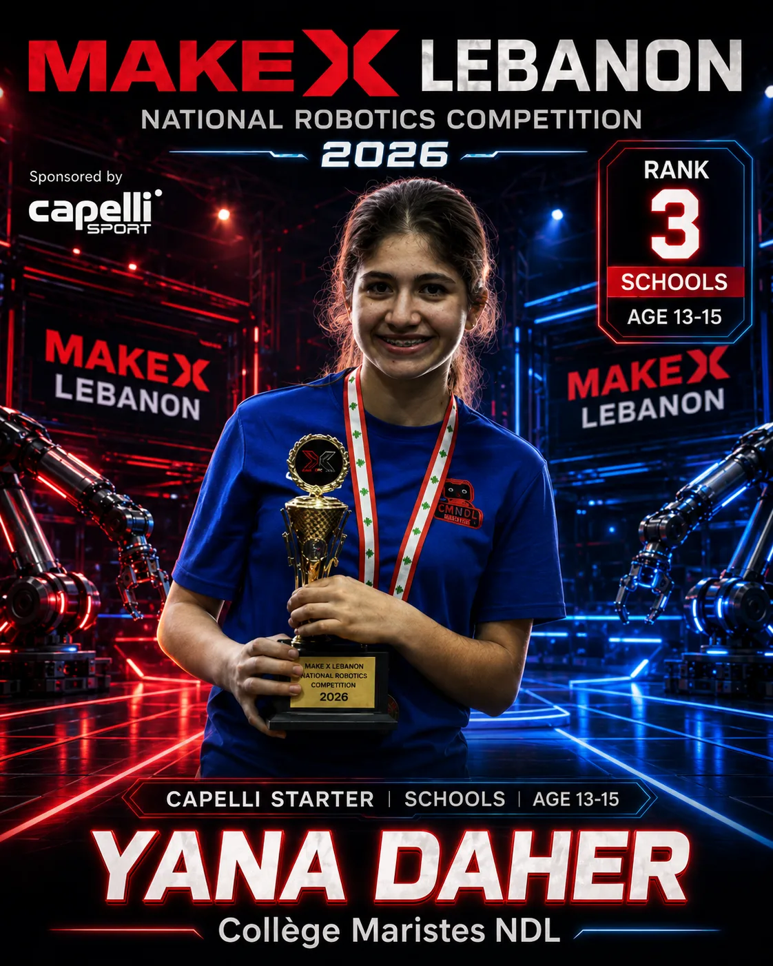 Rank 3 — Yana Daher, Collège Maristes NDL · Capelli Starter — Locker Room, Schools · ages 13–15, MakeX Lebanon 2026