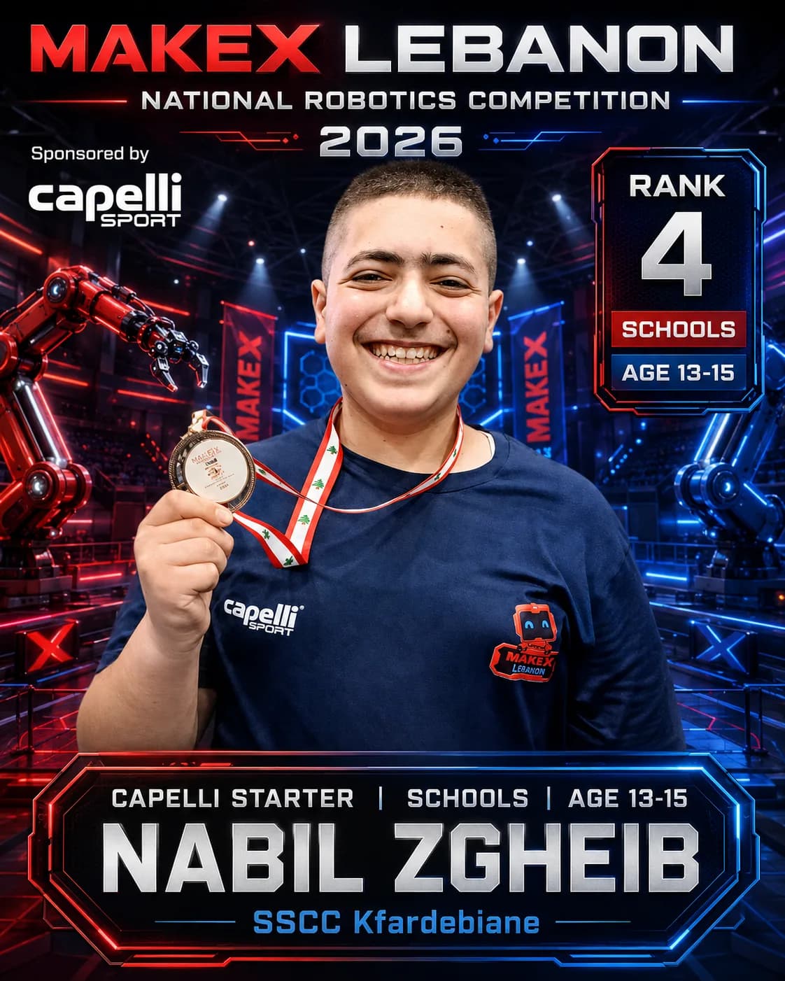 Rank 4 — Nabil Zgheib, SSCC Kfardebiane · Capelli Starter — Locker Room, Schools · ages 13–15, MakeX Lebanon 2026