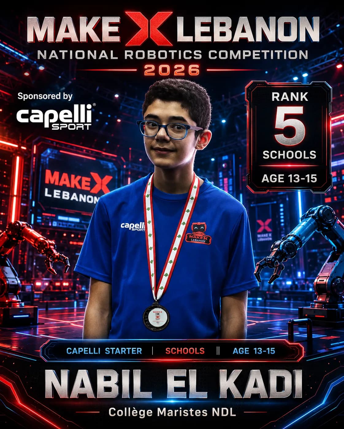 Rank 5 — Nabil El Kadi, Collège Maristes NDL · Capelli Starter — Locker Room, Schools · ages 13–15, MakeX Lebanon 2026