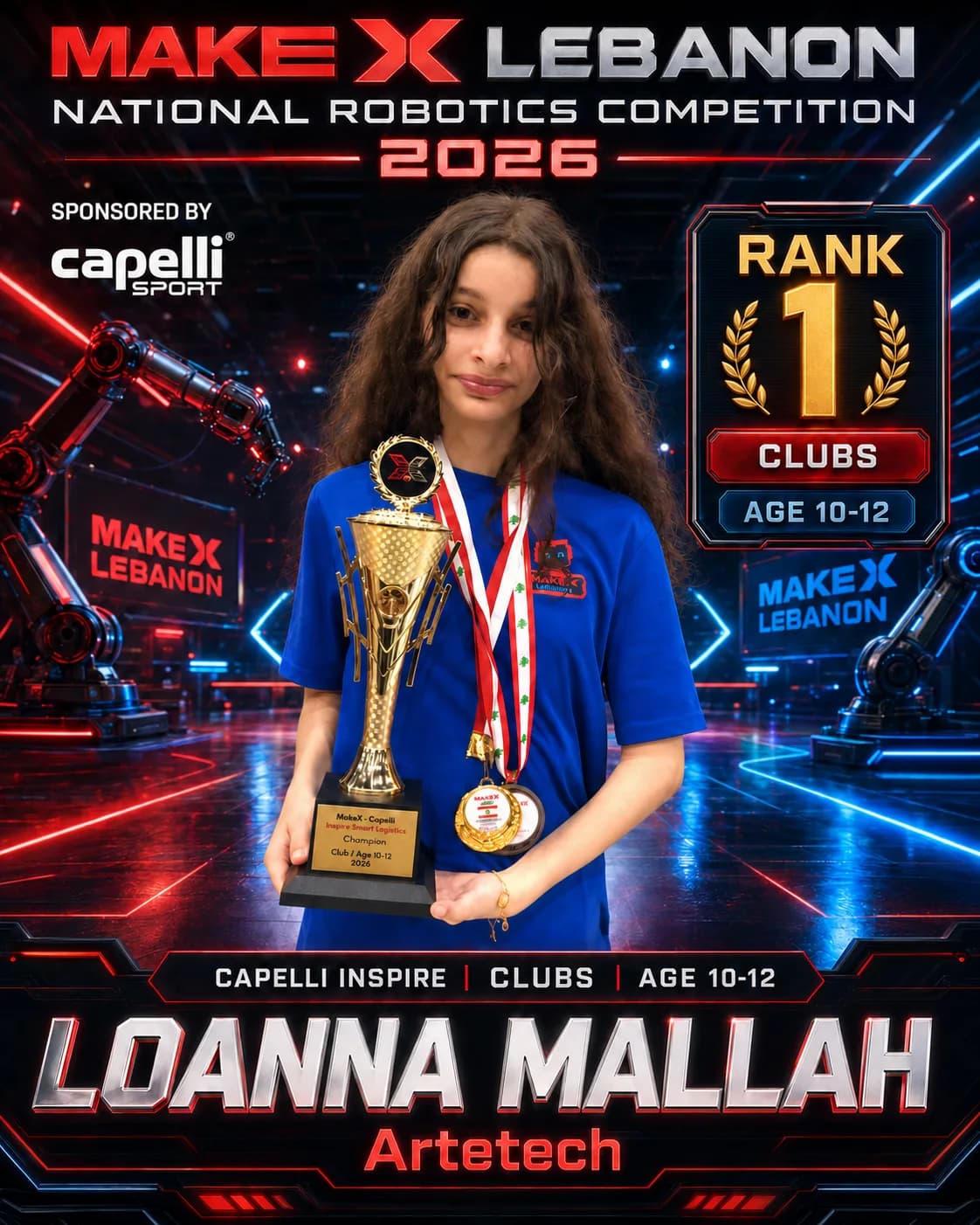 Rank 1 — Loanna Mallah, Artetech · Capelli Inspire — Smart Logistics, Clubs · ages 10–12, MakeX Lebanon 2026