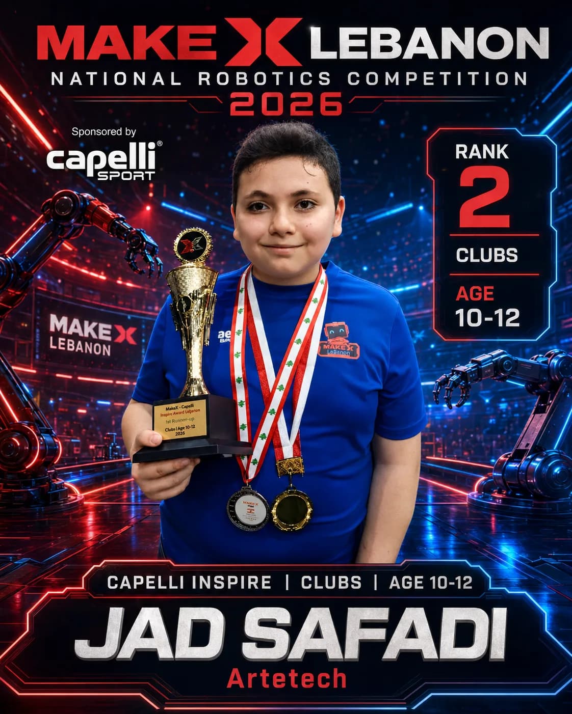 Rank 2 — Jad Safadi, Artetech · Capelli Inspire — Smart Logistics, Clubs · ages 10–12, MakeX Lebanon 2026