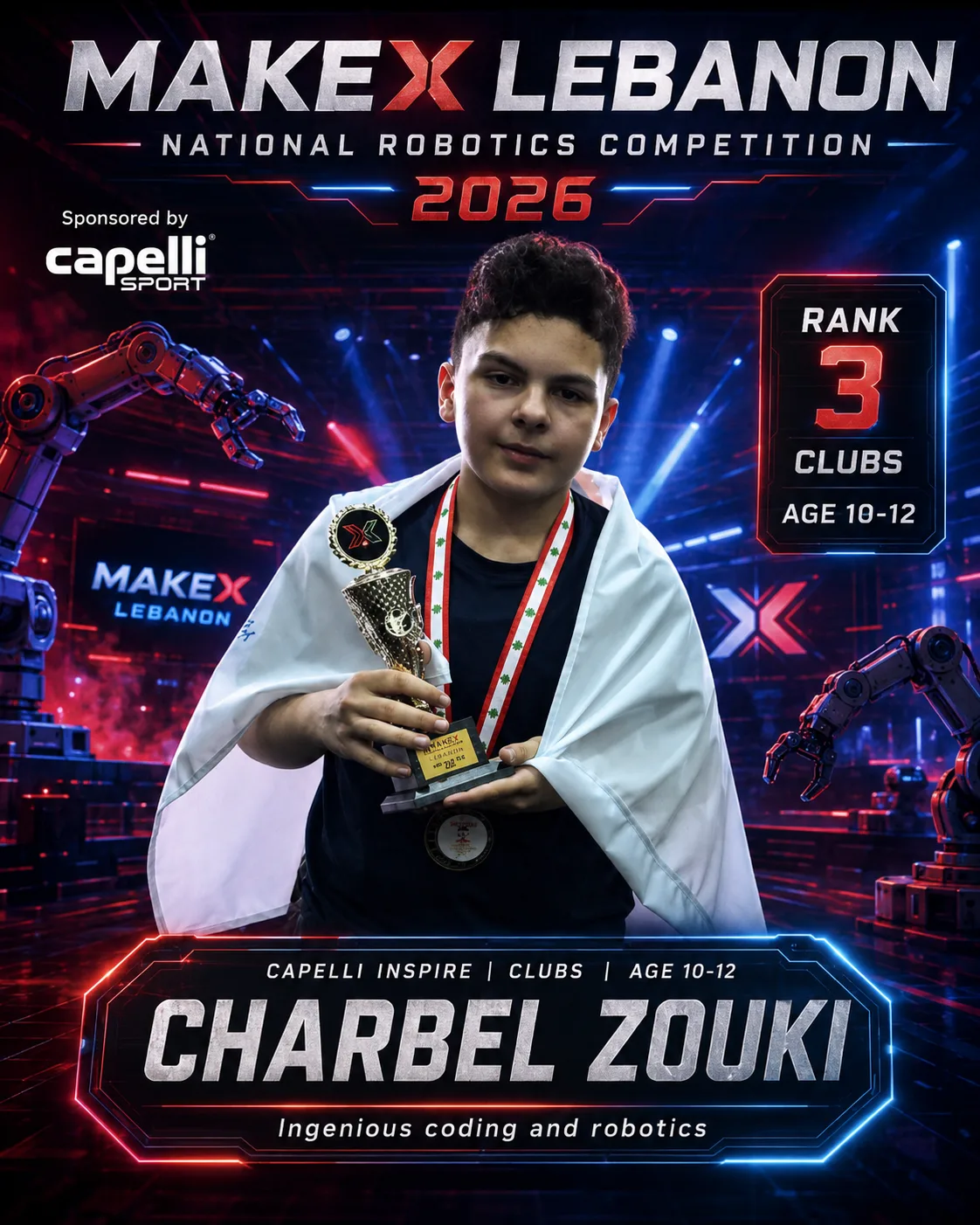 Rank 3 — Charbel Zouki, Ingenious coding and robotics · Capelli Inspire — Smart Logistics, Clubs · ages 10–12, MakeX Lebanon 2026