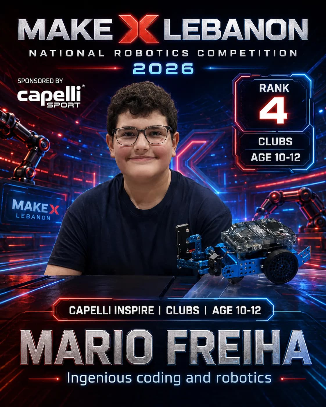 Rank 4 — Mario Freiha, Ingenious coding and robotics · Capelli Inspire — Smart Logistics, Clubs · ages 10–12, MakeX Lebanon 2026