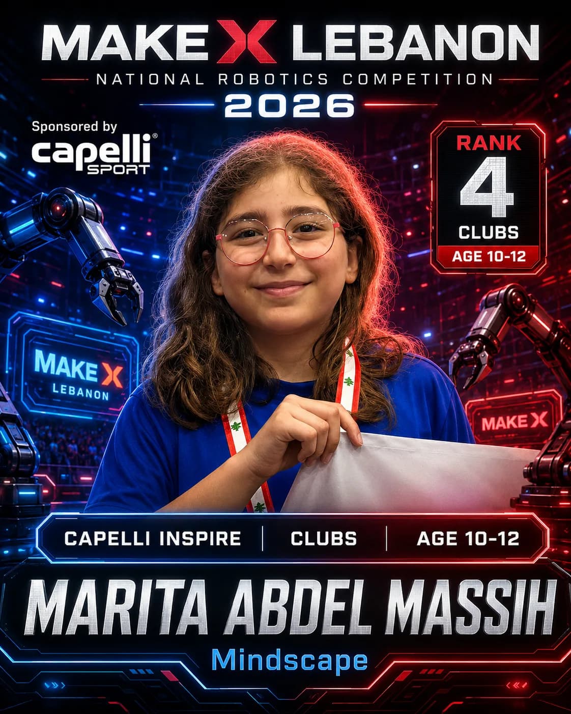 Rank 4 — Marita Abdel Massih, Mindscape · Capelli Inspire — Smart Logistics, Clubs · ages 10–12, MakeX Lebanon 2026