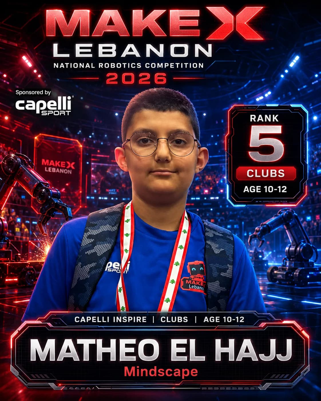 Rank 5 — Matheo El Hajj, Mindscape · Capelli Inspire — Smart Logistics, Clubs · ages 10–12, MakeX Lebanon 2026