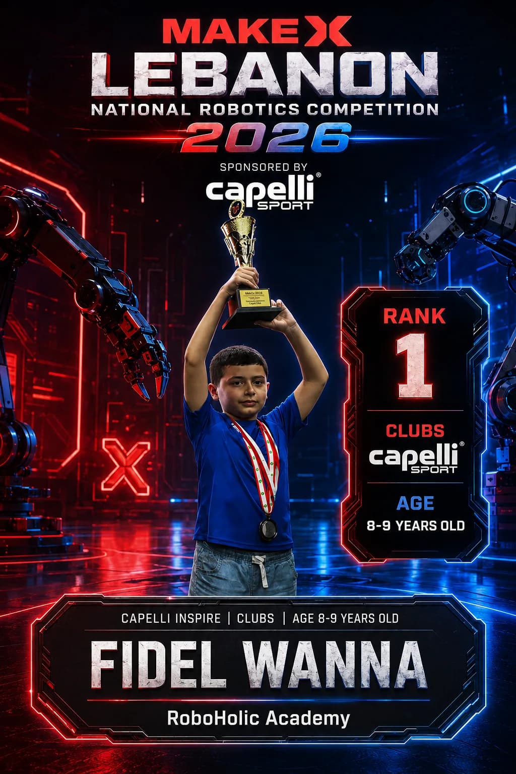 Rank 1 — Fidel Wanna, RoboHolic Academy · Capelli Inspire — Smart Logistics, Clubs · ages 8–9, MakeX Lebanon 2026