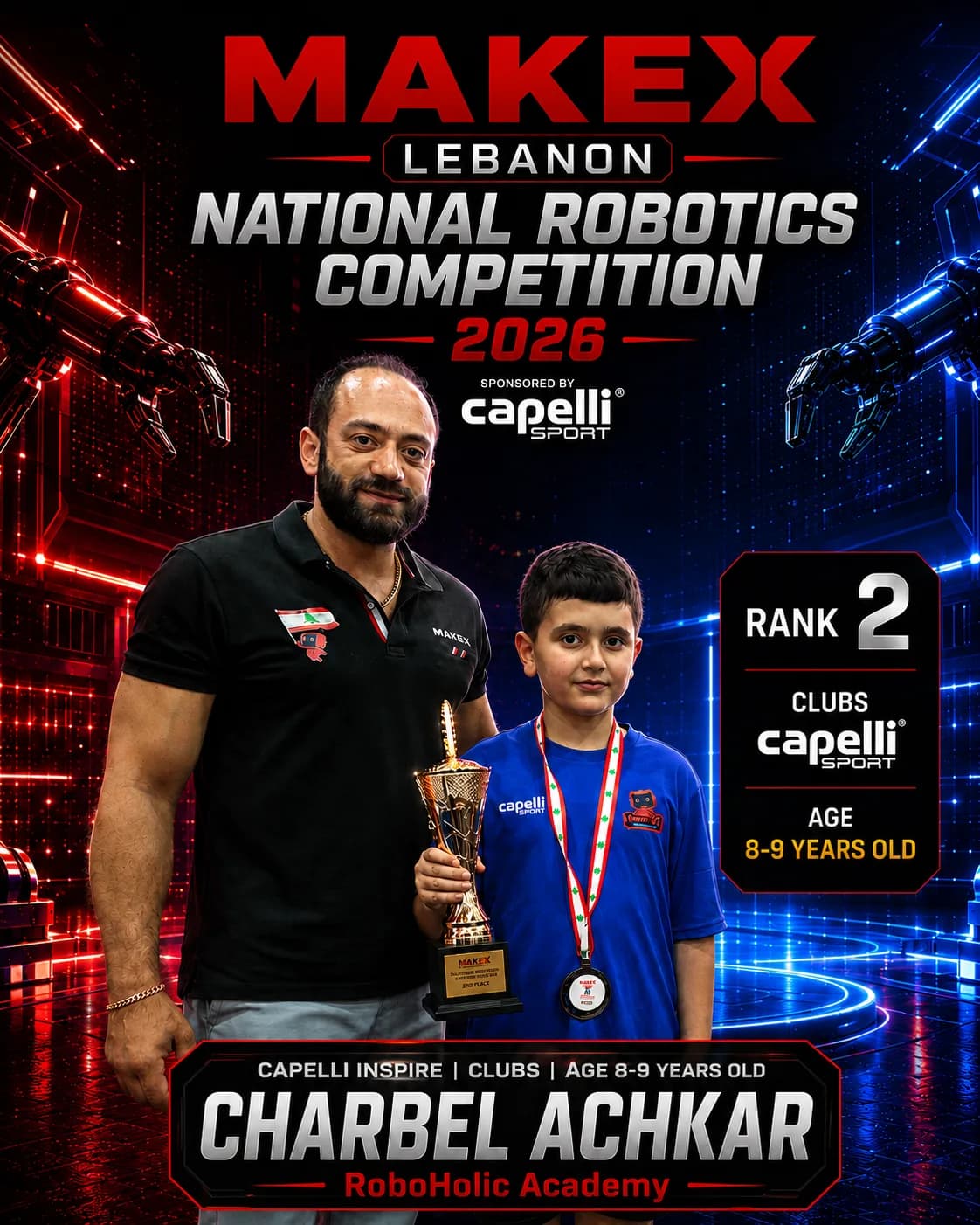 Rank 2 — Charbel Achkar, RoboHolic Academy · Capelli Inspire — Smart Logistics, Clubs · ages 8–9, MakeX Lebanon 2026