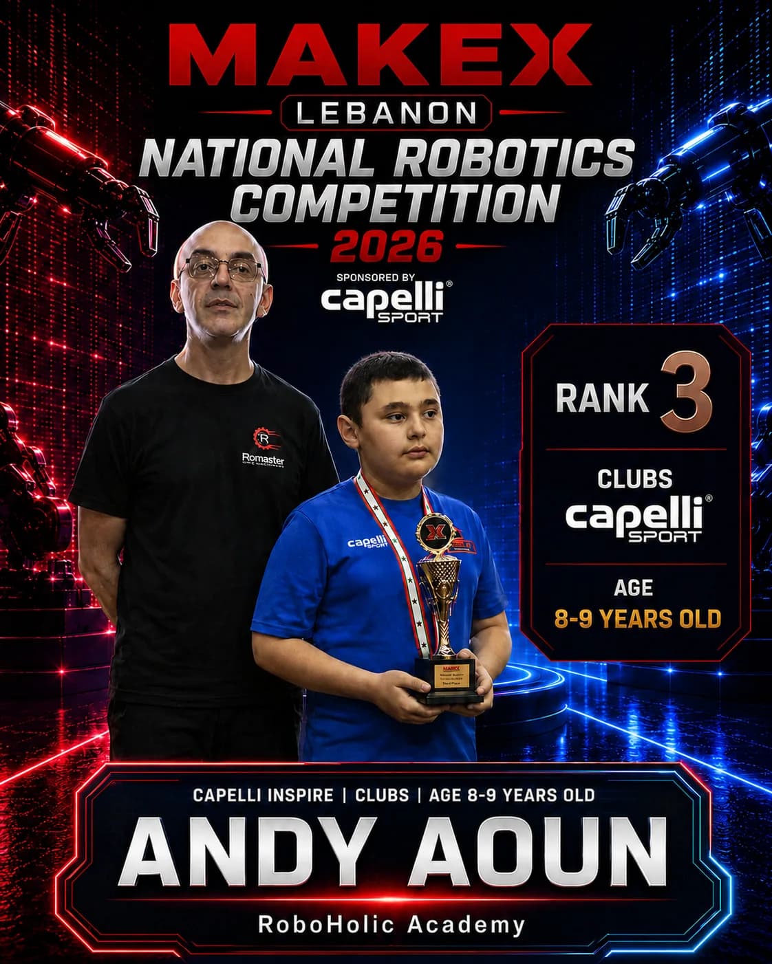 Rank 3 — Andy Aoun, RoboHolic Academy · Capelli Inspire — Smart Logistics, Clubs · ages 8–9, MakeX Lebanon 2026