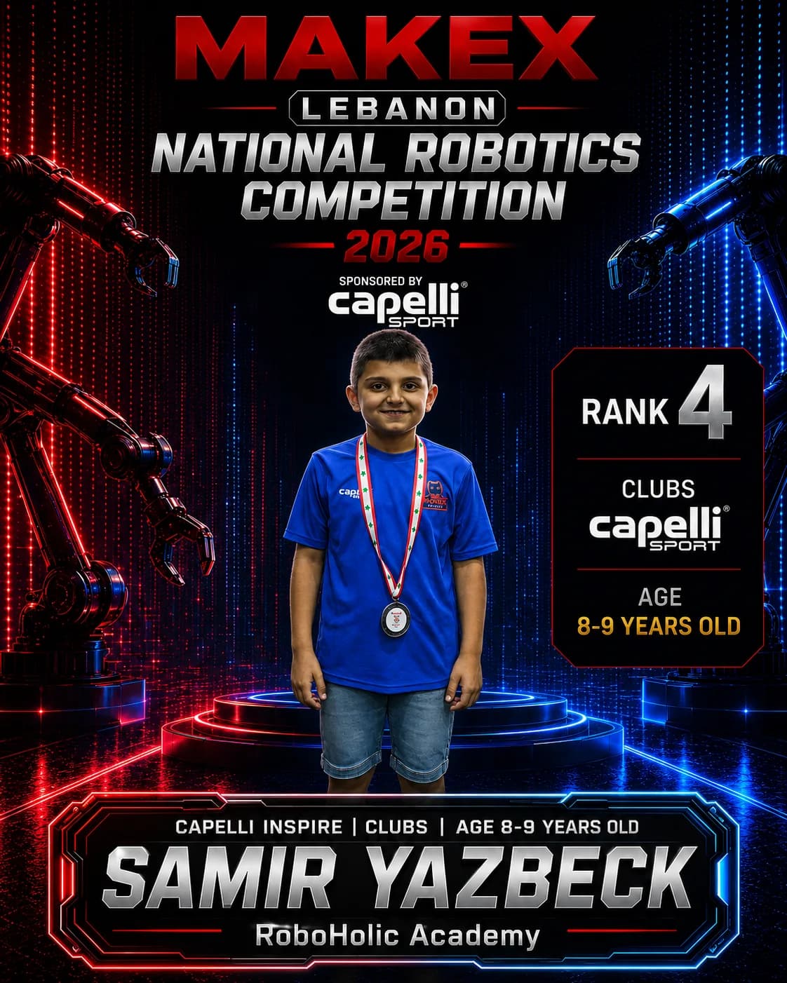 Rank 4 — Samir Yazbeck, RoboHolic Academy · Capelli Inspire — Smart Logistics, Clubs · ages 8–9, MakeX Lebanon 2026