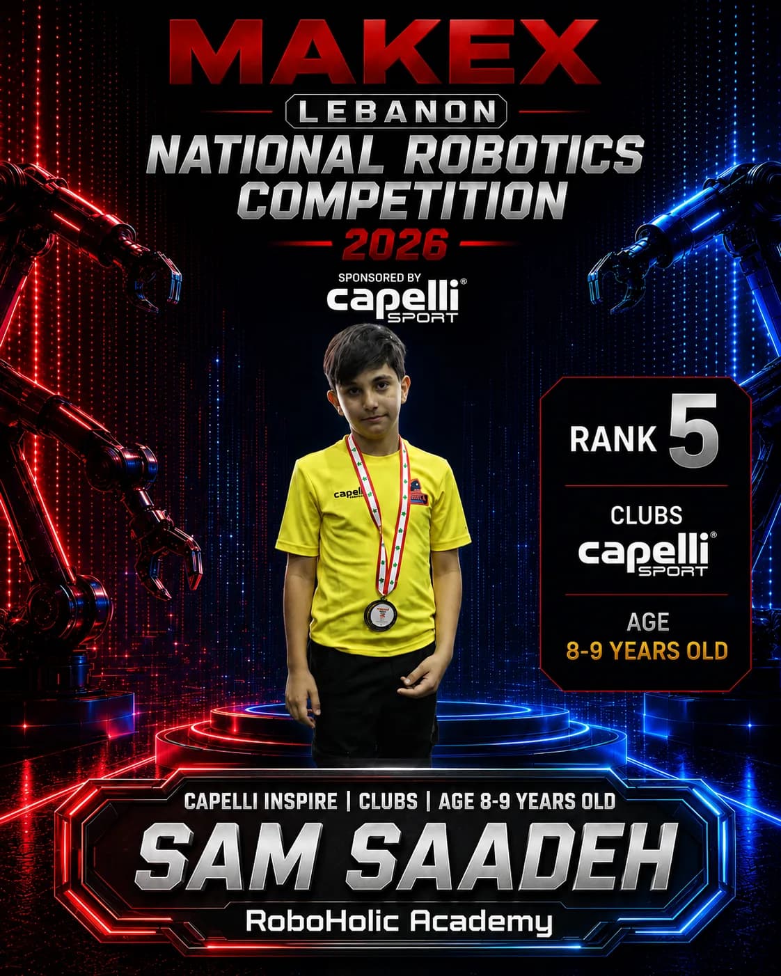 Rank 5 — Sam Saadeh, RoboHolic Academy · Capelli Inspire — Smart Logistics, Clubs · ages 8–9, MakeX Lebanon 2026