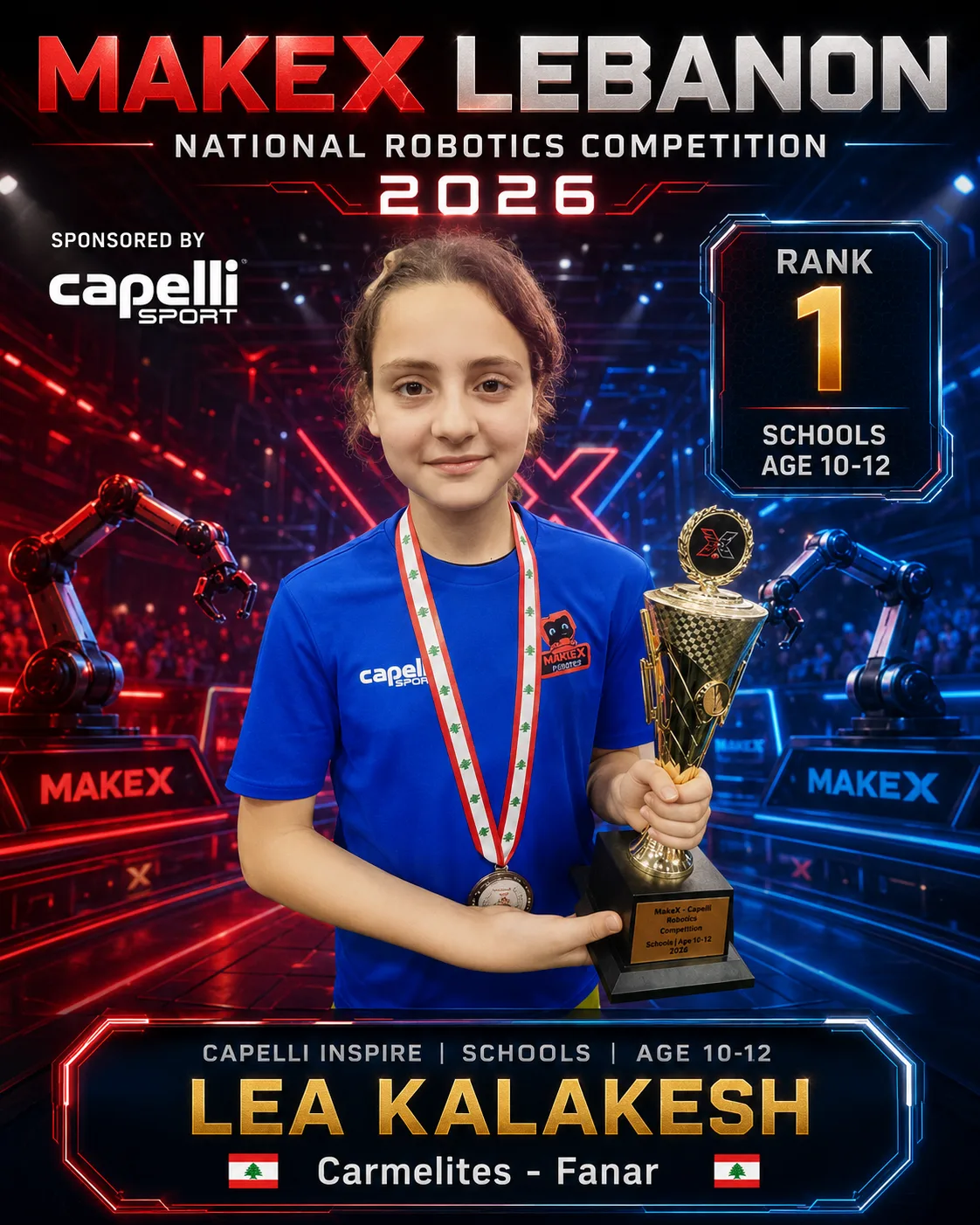 Rank 1 — Lea Kalakesh, Carmelites - Fanar · Capelli Inspire — Smart Logistics, Schools · ages 10–12, MakeX Lebanon 2026