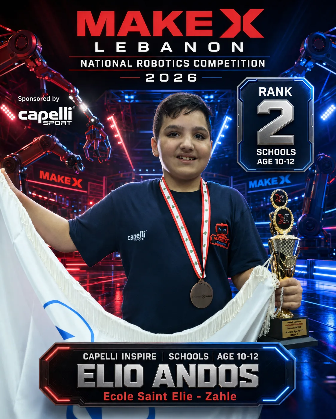 Rank 2 — Elio Andos, Ecole Saint Elie - Zahle · Capelli Inspire — Smart Logistics, Schools · ages 10–12, MakeX Lebanon 2026