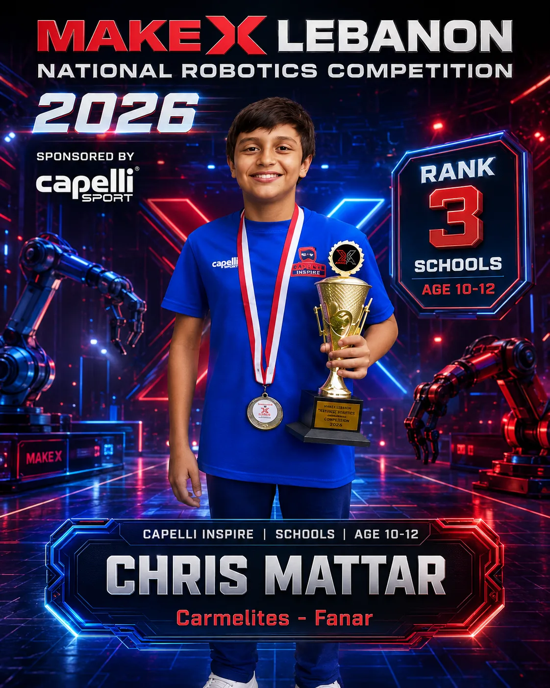 Rank 3 — Chris Mattar, Carmelites - Fanar · Capelli Inspire — Smart Logistics, Schools · ages 10–12, MakeX Lebanon 2026