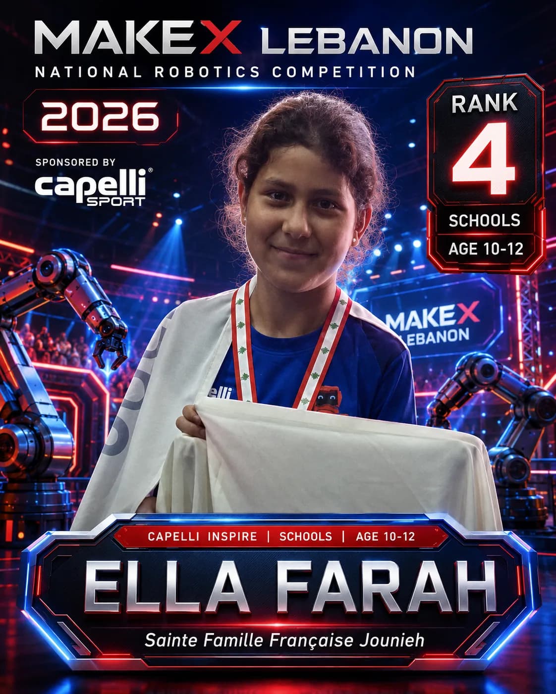 Rank 4 — Ella Farah, Sainte Famille Française Jounieh · Capelli Inspire — Smart Logistics, Schools · ages 10–12, MakeX Lebanon 2026