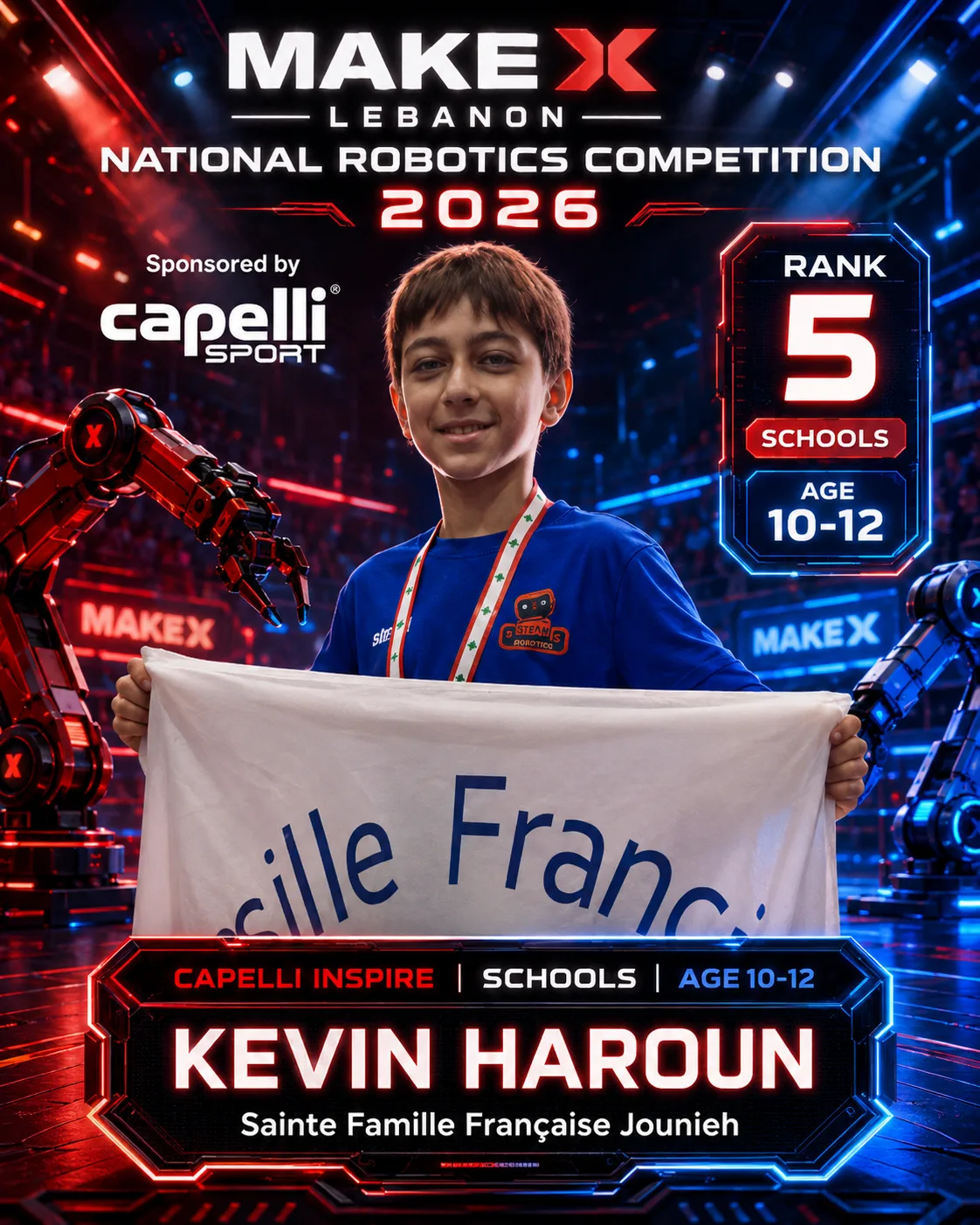 Rank 5 — Kevin Haroun, Sainte Famille Française Jounieh · Capelli Inspire — Smart Logistics, Schools · ages 10–12, MakeX Lebanon 2026
