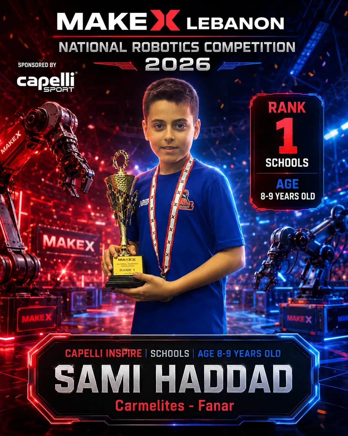 Rank 1 — Sami Haddad, Carmelites - Fanar · Capelli Inspire — Smart Logistics, Schools · ages 8–9, MakeX Lebanon 2026
