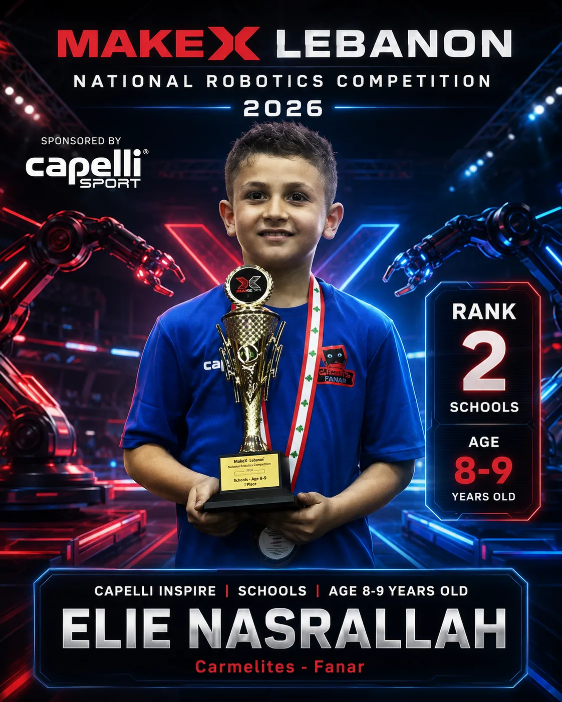 Rank 2 — Elie Nasrallah, Carmelites - Fanar · Capelli Inspire — Smart Logistics, Schools · ages 8–9, MakeX Lebanon 2026