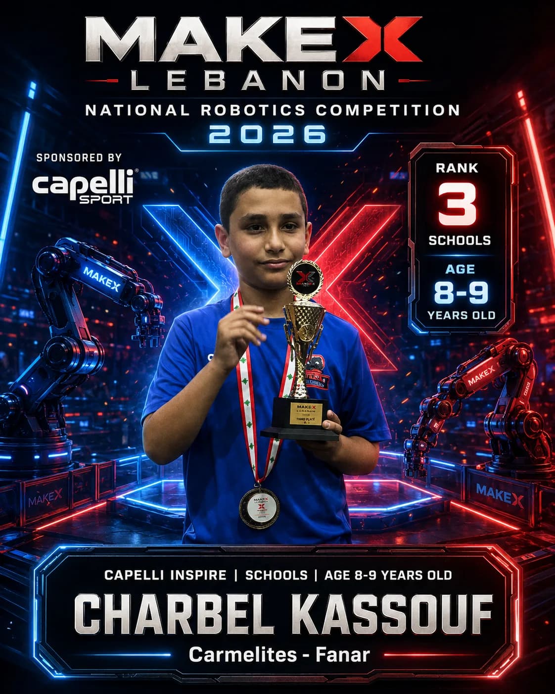 Rank 3 — Charbel Kassouf, Carmelites - Fanar · Capelli Inspire — Smart Logistics, Schools · ages 8–9, MakeX Lebanon 2026