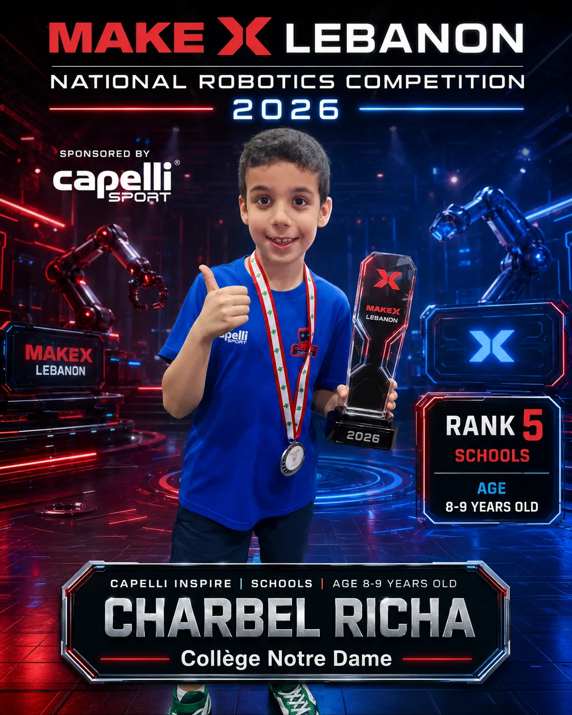 Rank 5 — Charbel Richa, Collège Notre Dame · Capelli Inspire — Smart Logistics, Schools · ages 8–9, MakeX Lebanon 2026