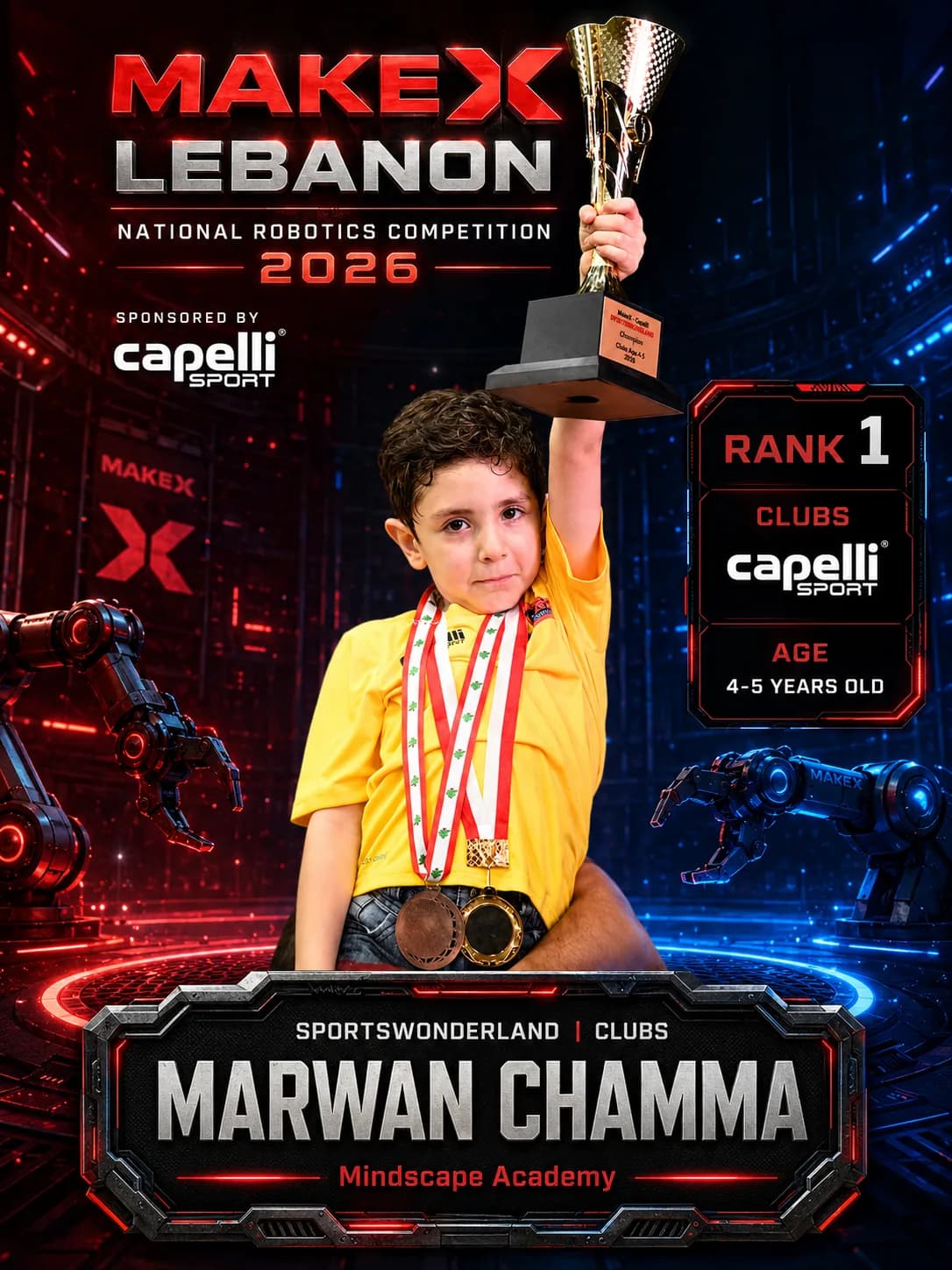 Rank 1 — Marwan Chamma, Mindscape Academy · Capelli SportsWonderland, Clubs · ages 4–5, MakeX Lebanon 2026