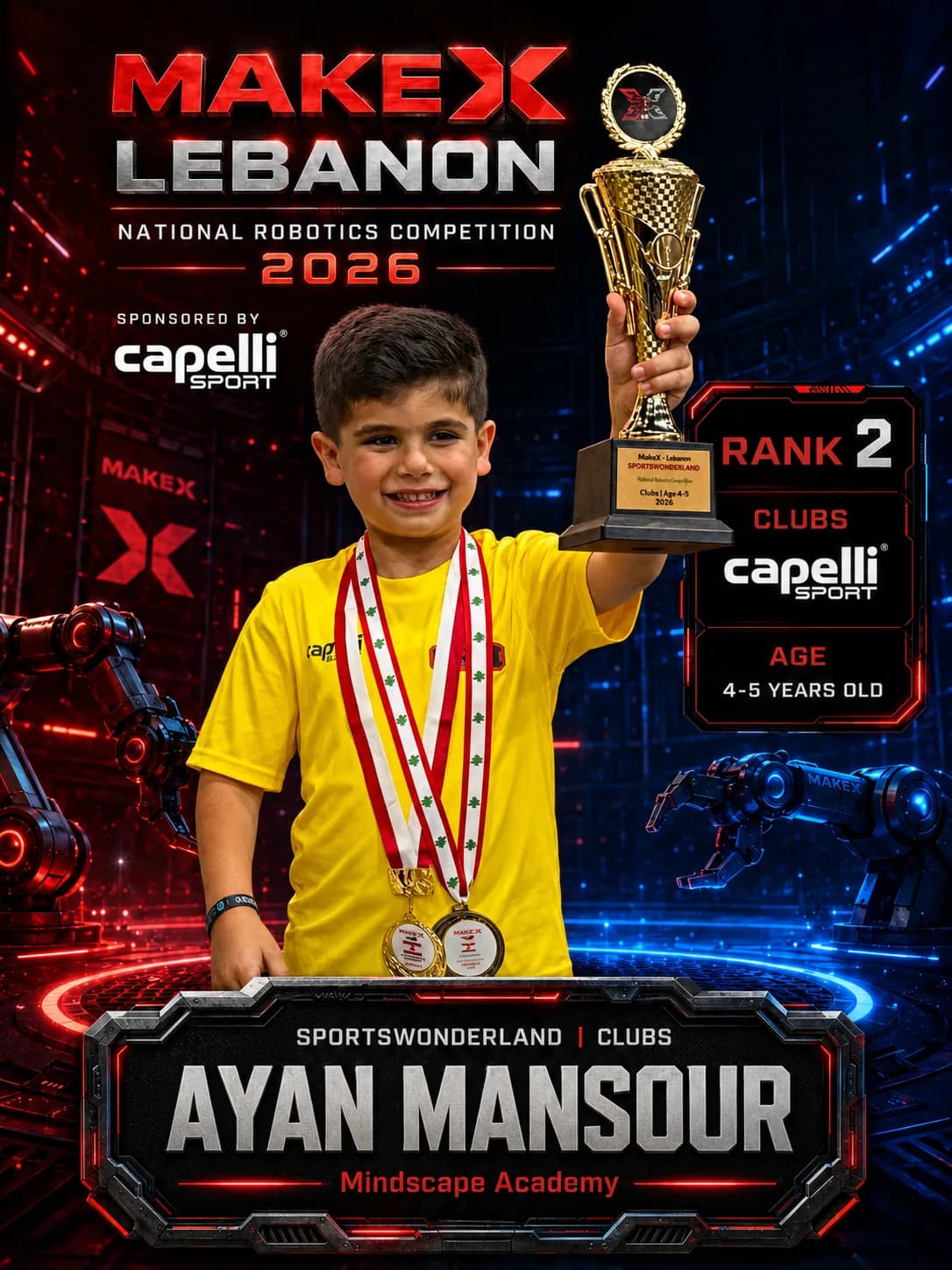 Rank 2 — Ayan Mansour, Mindscape Academy · Capelli SportsWonderland, Clubs · ages 4–5, MakeX Lebanon 2026
