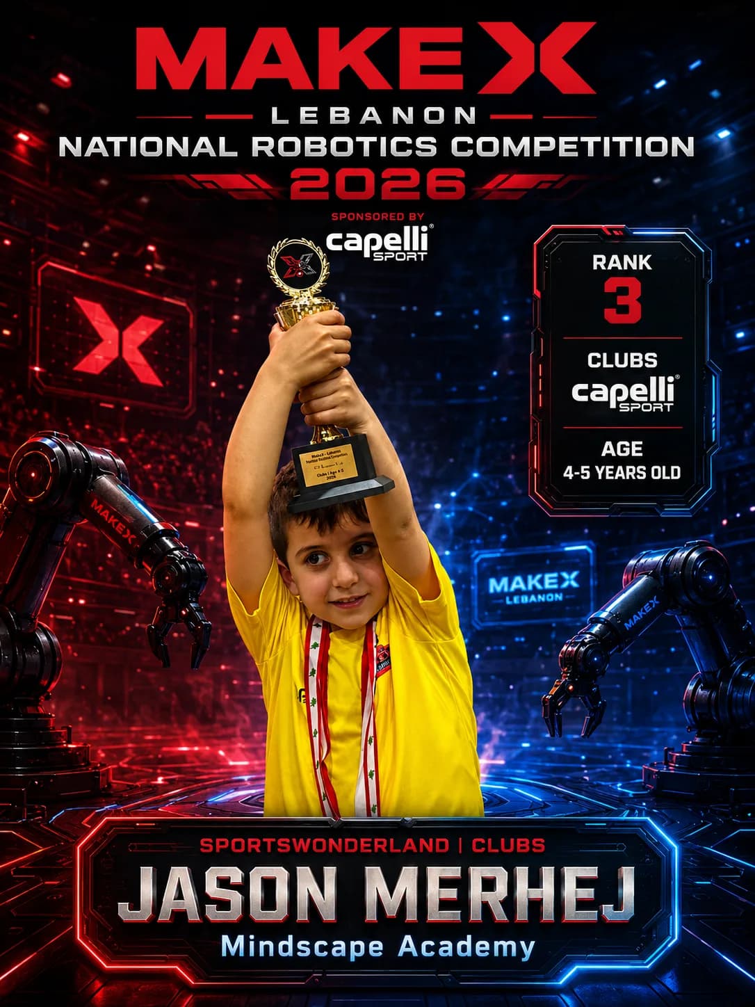 Rank 3 — Jason Merhej, Mindscape Academy · Capelli SportsWonderland, Clubs · ages 4–5, MakeX Lebanon 2026