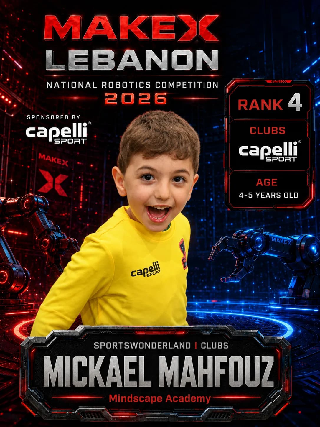 Rank 4 — Mickael Mahfouz, Mindscape Academy · Capelli SportsWonderland, Clubs · ages 4–5, MakeX Lebanon 2026