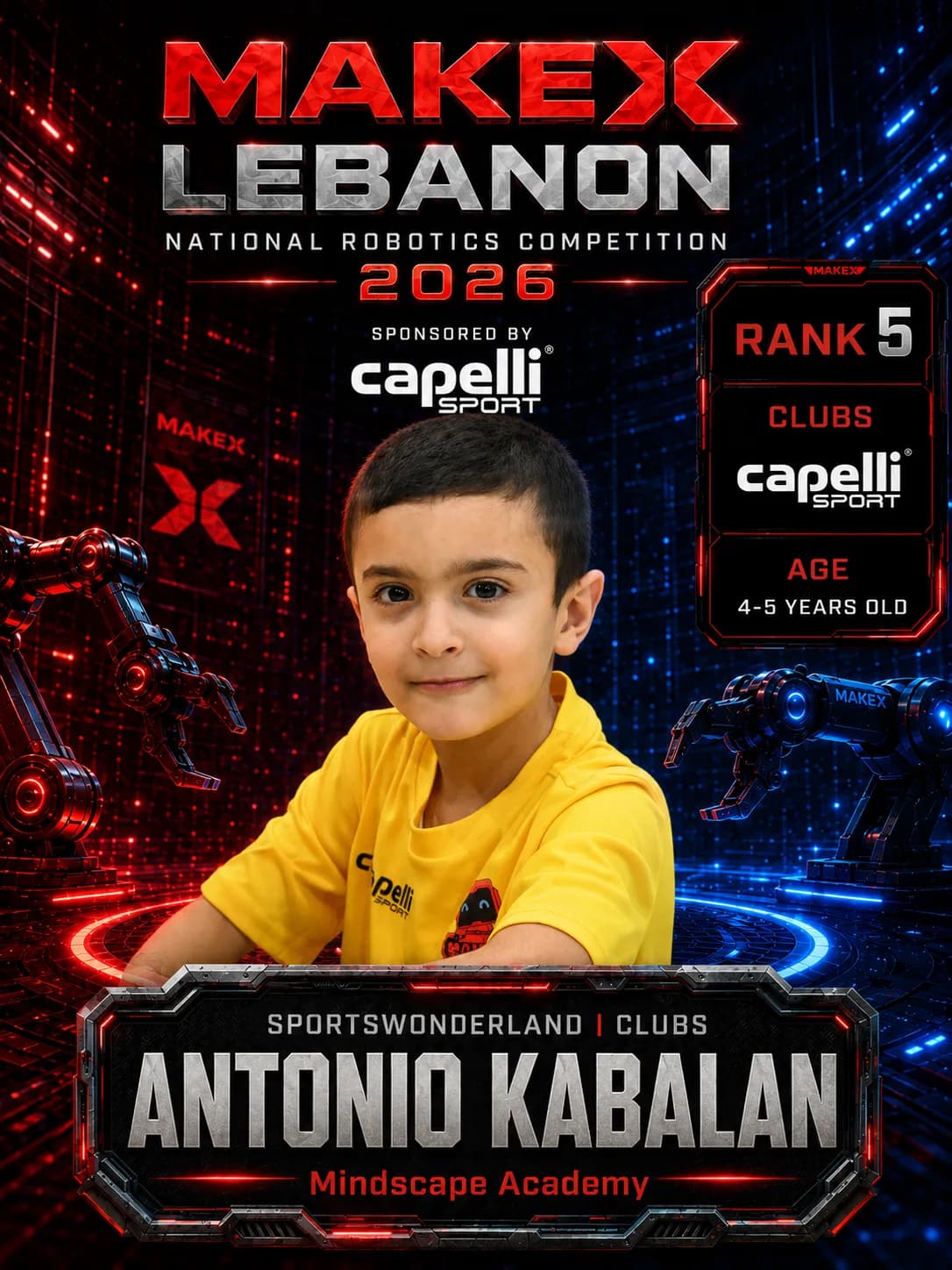 Rank 5 — Antonio Kabalan, Mindscape Academy · Capelli SportsWonderland, Clubs · ages 4–5, MakeX Lebanon 2026