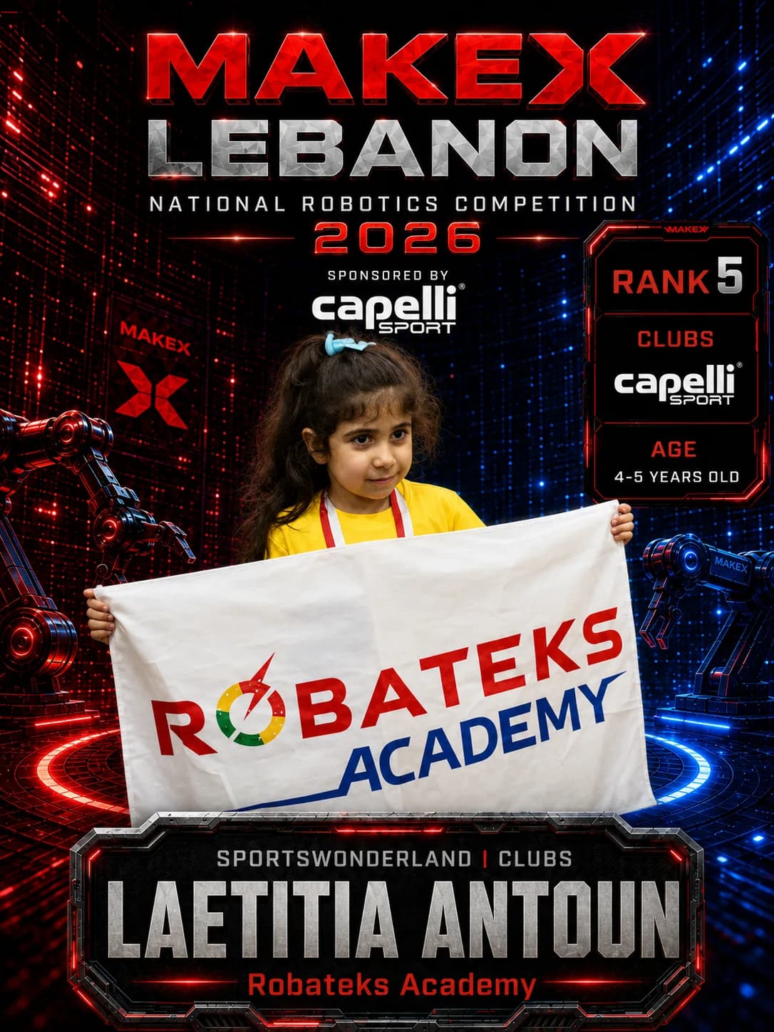 Rank 5 — Laetitia Antoun, Robateks Academy · Capelli SportsWonderland, Clubs · ages 4–5, MakeX Lebanon 2026