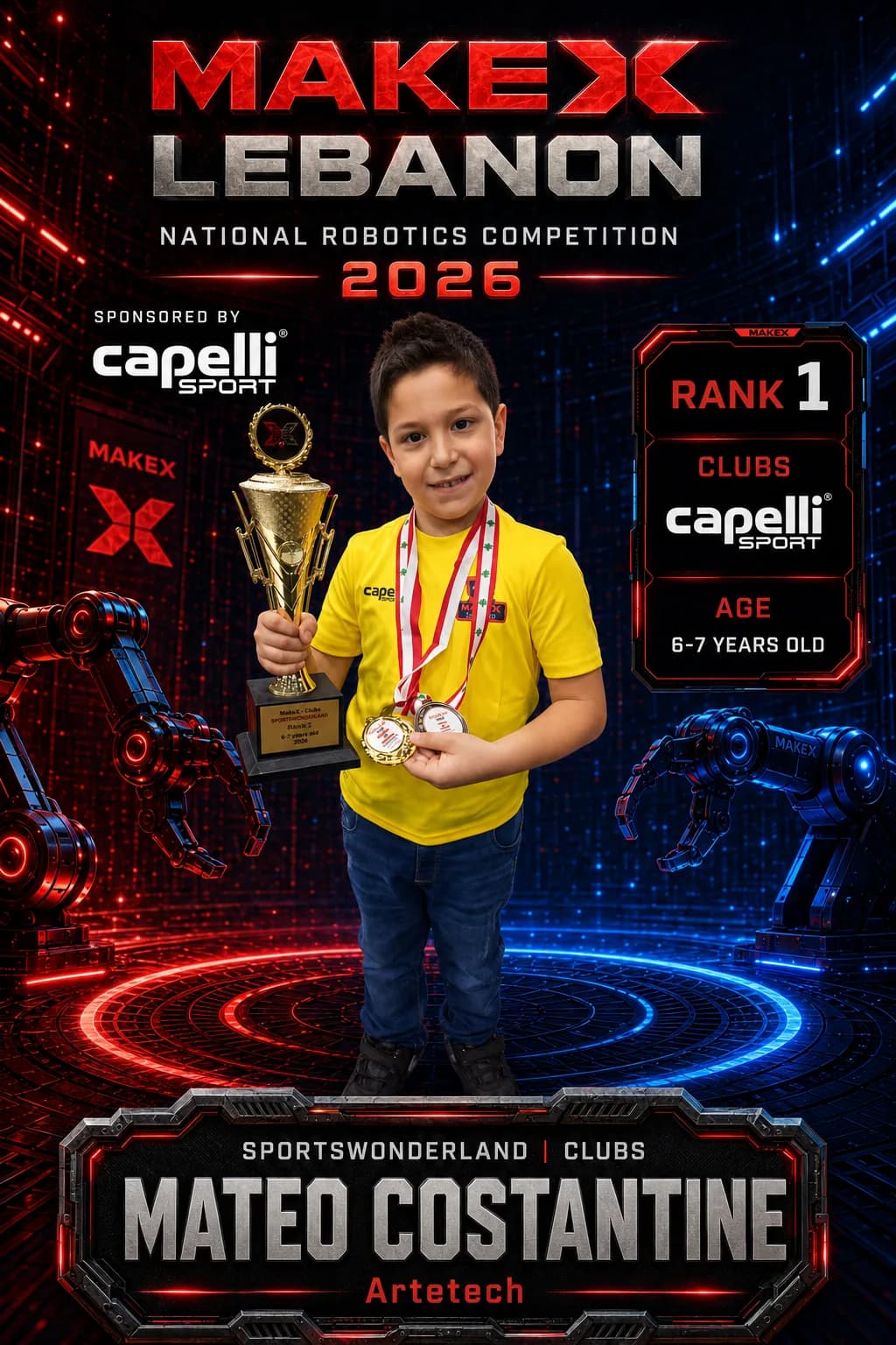 Rank 1 — Mateo Costantine, Artetech · Capelli SportsWonderland, Clubs · ages 6–7, MakeX Lebanon 2026
