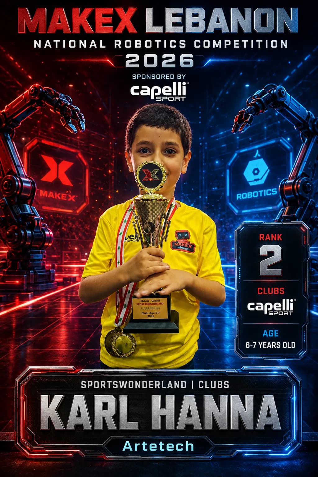 Rank 2 — Karl Hanna, Artetech · Capelli SportsWonderland, Clubs · ages 6–7, MakeX Lebanon 2026