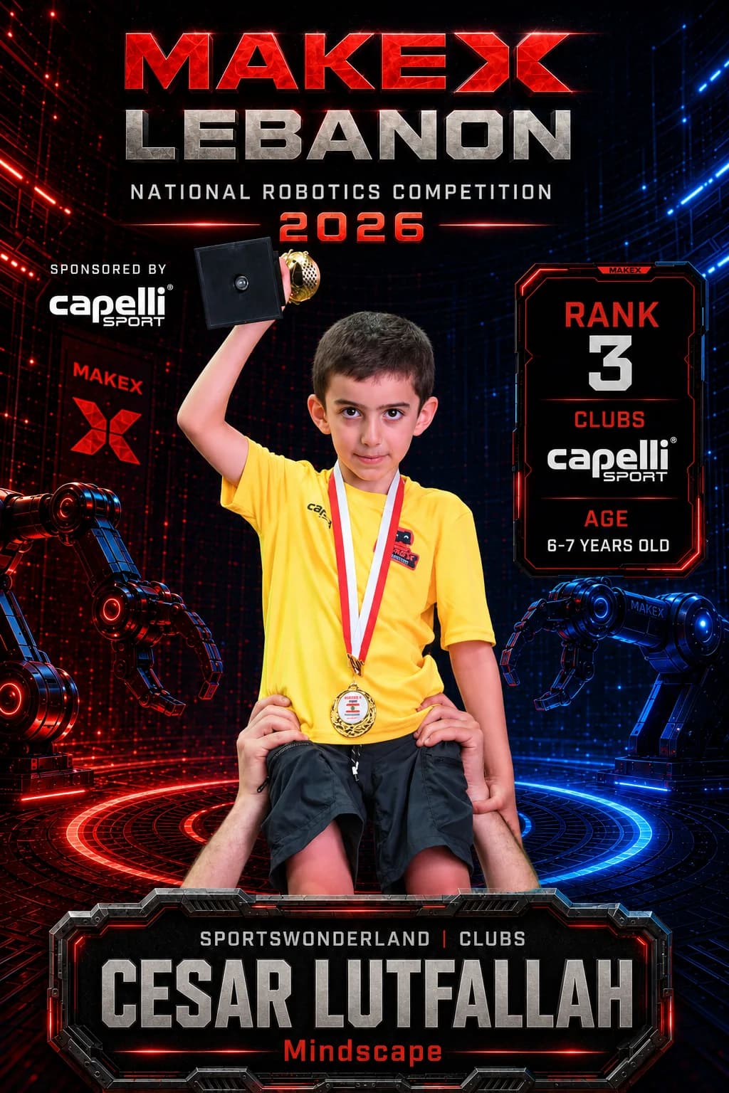 Rank 3 — Cesar Lutfallah, Mindscape · Capelli SportsWonderland, Clubs · ages 6–7, MakeX Lebanon 2026