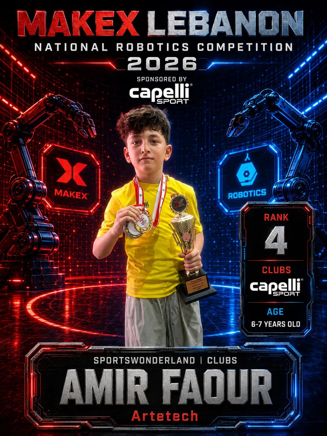 Rank 4 — Amir Faour, Artetech · Capelli SportsWonderland, Clubs · ages 6–7, MakeX Lebanon 2026