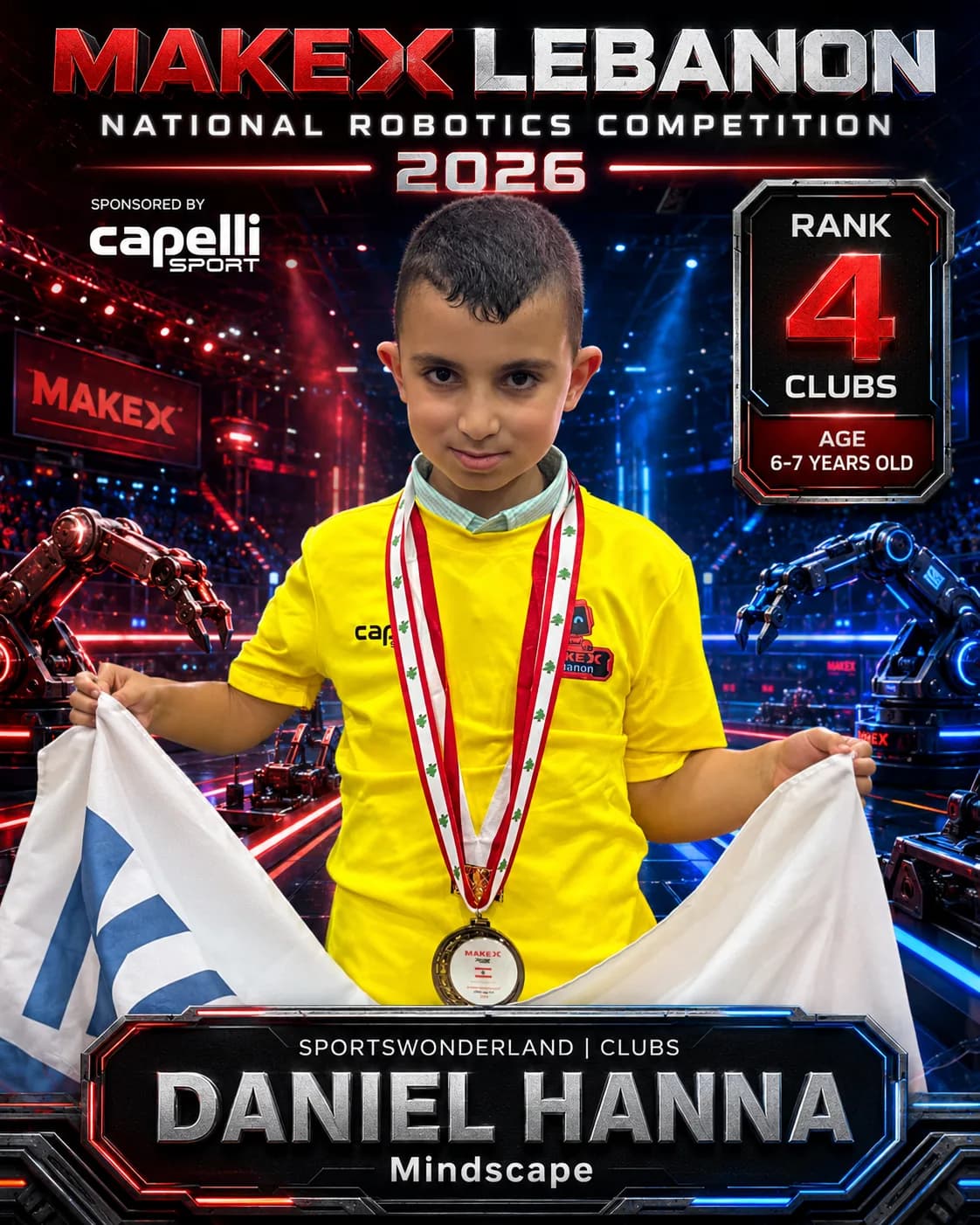 Rank 4 — Daniel Hanna, Mindscape · Capelli SportsWonderland, Clubs · ages 6–7, MakeX Lebanon 2026