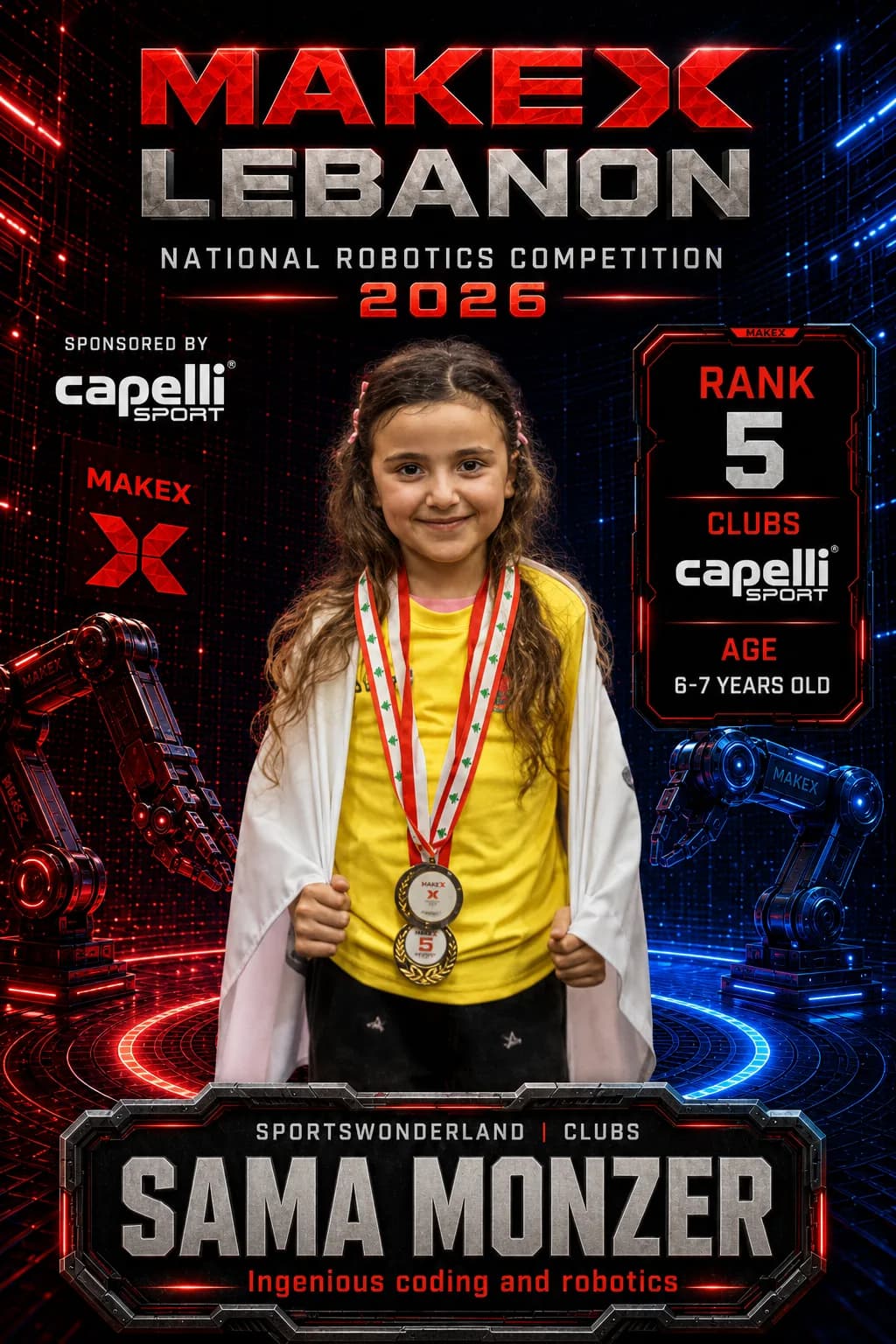 Rank 5 — Sama Monzer, Ingenious coding and robotics · Capelli SportsWonderland, Clubs · ages 6–7, MakeX Lebanon 2026