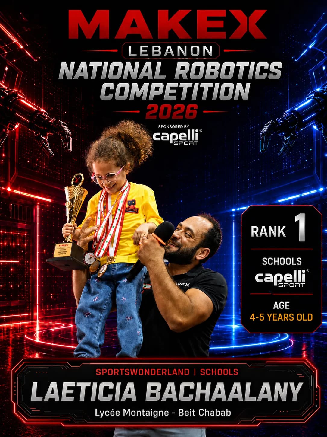 Rank 1 — Laeticia Bachaalany, Lycée Montaigne - Beit Chabab · Capelli SportsWonderland, Schools · ages 4–5, MakeX Lebanon 2026