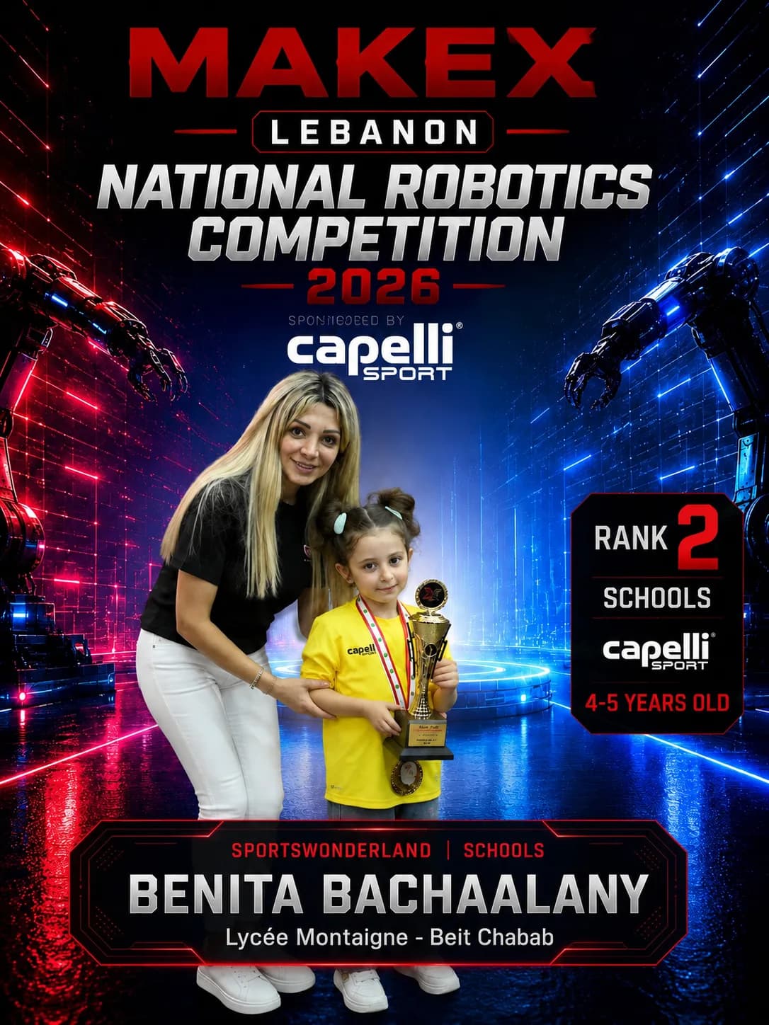 Rank 2 — Benita Bachaalany, Lycée Montaigne - Beit Chabab · Capelli SportsWonderland, Schools · ages 4–5, MakeX Lebanon 2026