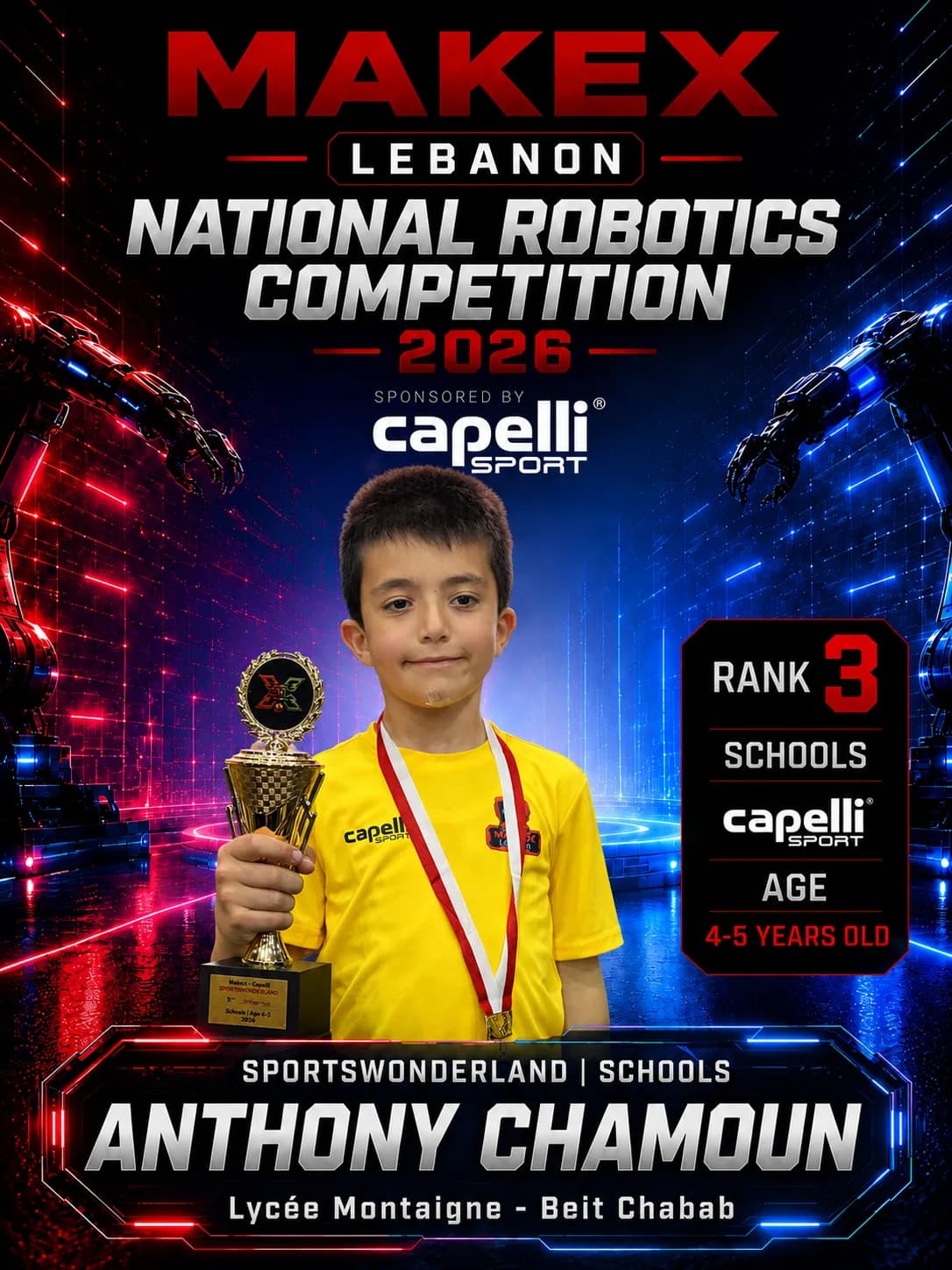 Rank 3 — Anthony Chamoun, Lycée Montaigne - Beit Chabab · Capelli SportsWonderland, Schools · ages 4–5, MakeX Lebanon 2026