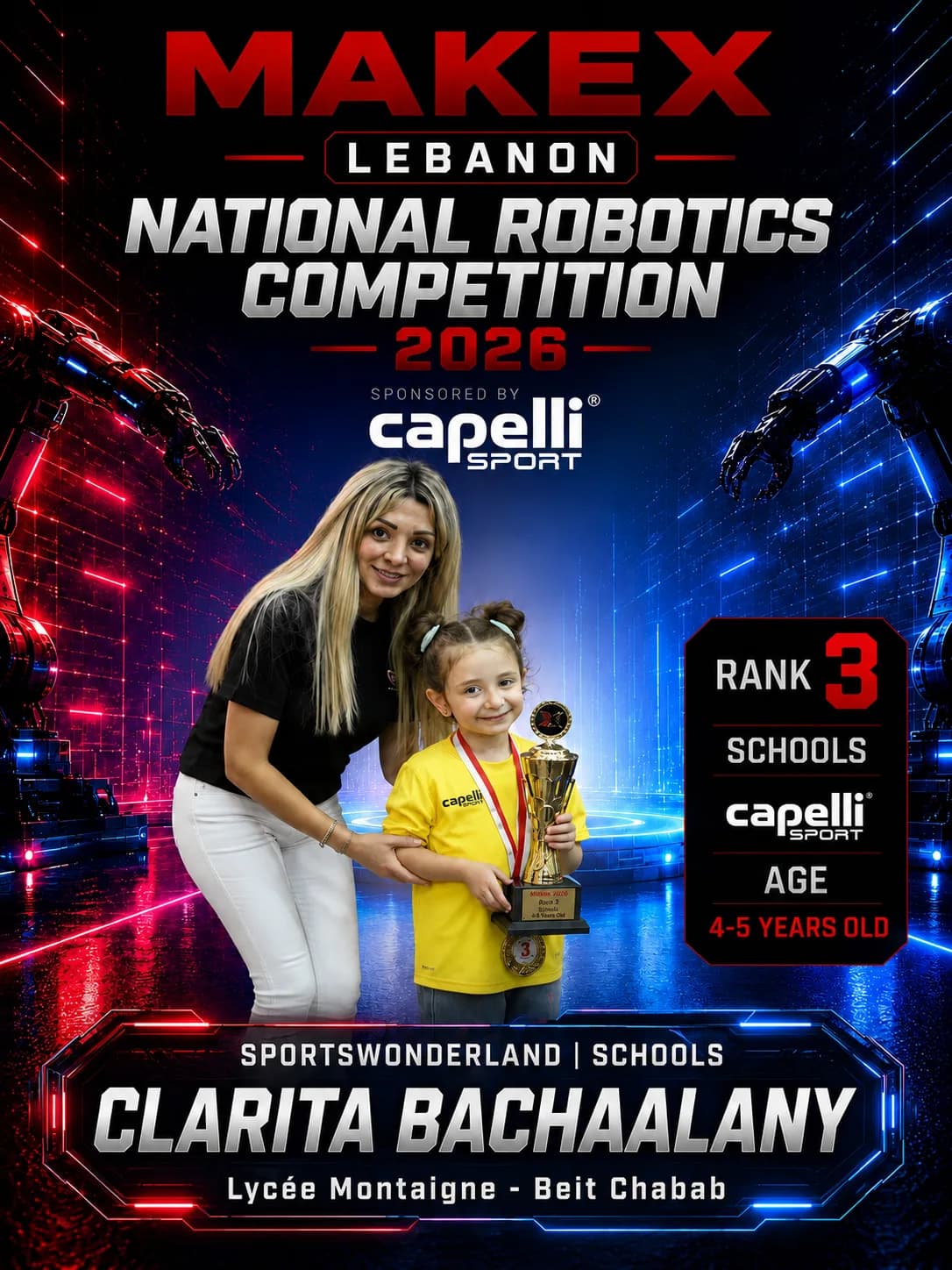 Rank 3 — Clarita Bachaalany, Lycée Montaigne - Beit Chabab · Capelli SportsWonderland, Schools · ages 4–5, MakeX Lebanon 2026
